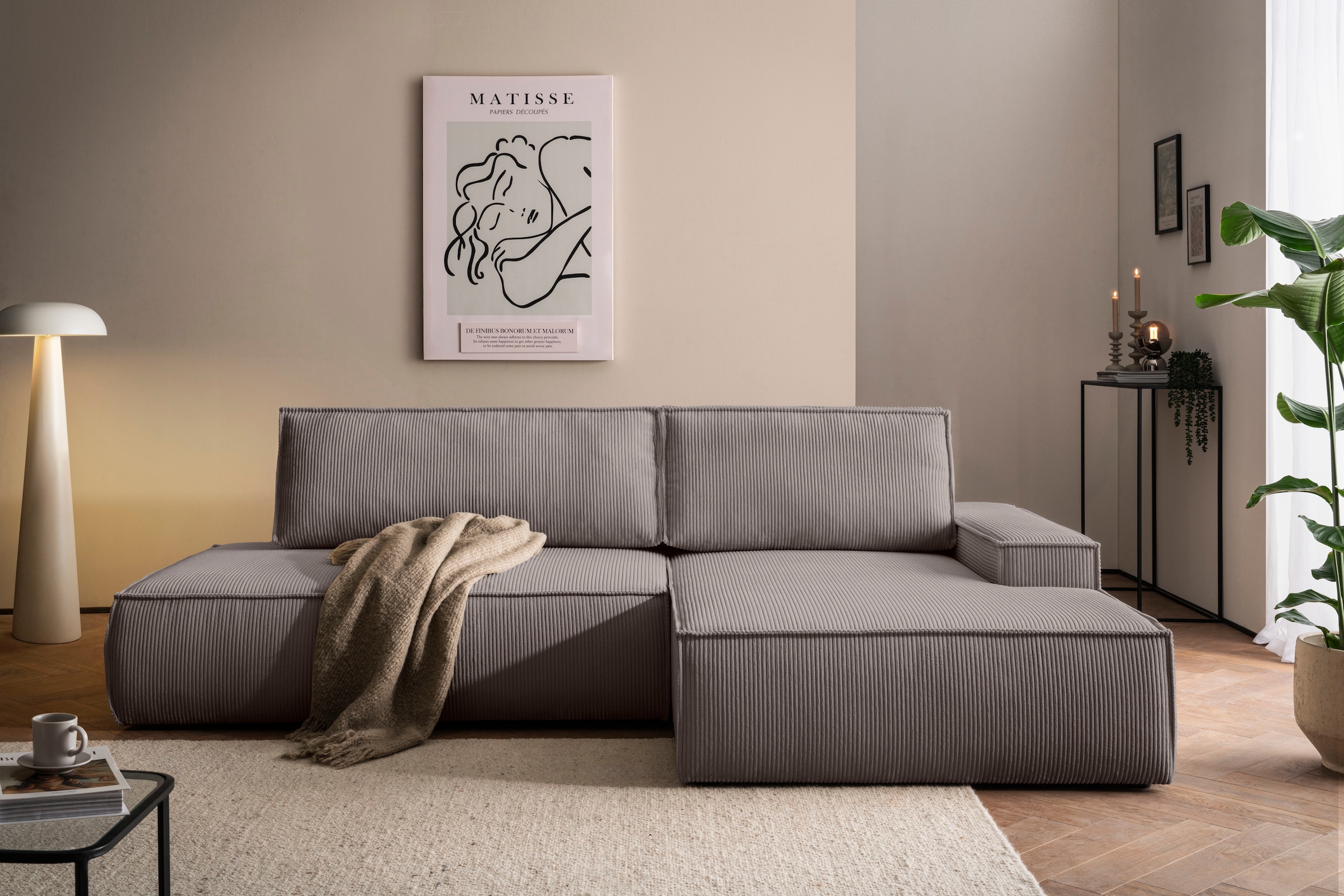 Home affaire Ecksofa »SHERWOOD,  Schlafsofa in L-Form offen (275cm), Cord, Leinenoptik« Schlaffunktion und Bettkasten, Kedernaht, hoher Sitz- & Liegekomfort,