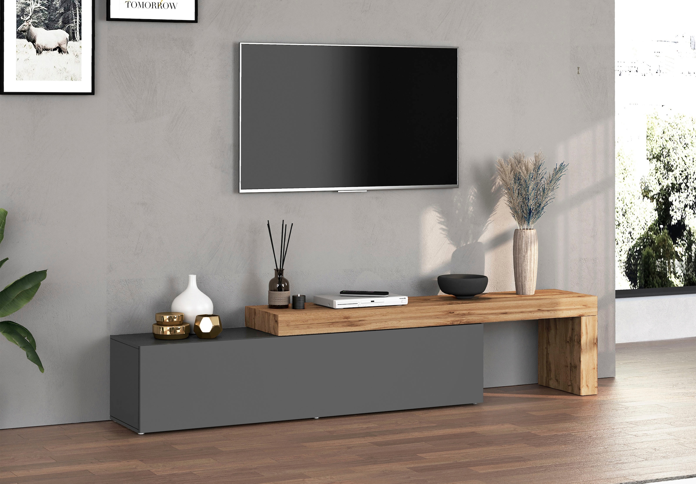 INOSIGN Lowboard »Chronos TV-Board, TV-Schrank« Breite verstellbar von 190 bis 350 cm, 1 Stk. tlg. Breite 270 cm TV-Board,Lowboard,1 Klappe und ein L-Förmiger Aufsatz