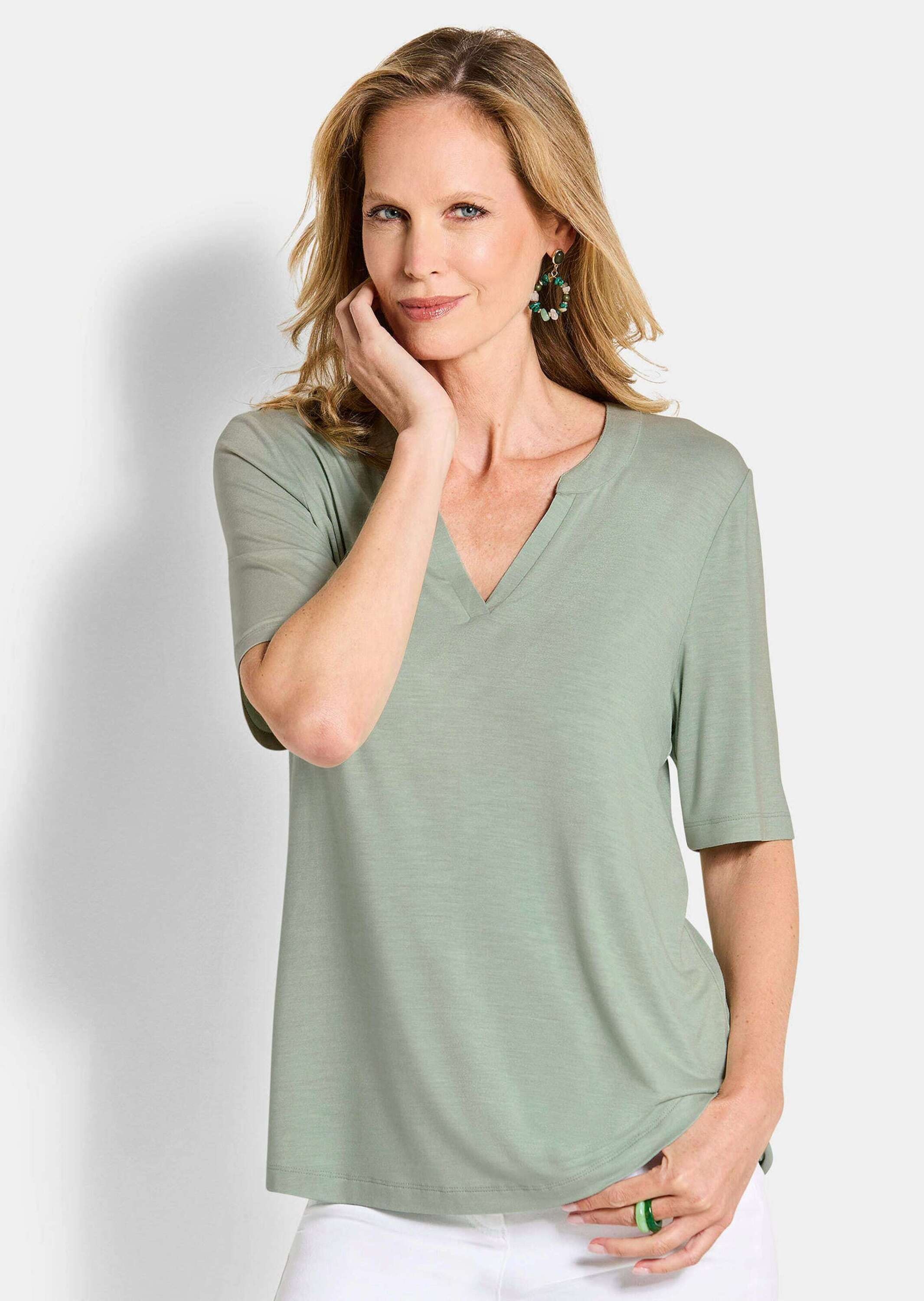 GOLDNER Kurzarmshirt »Jerseyshirt mit Blende« stretchbequemer Viskosejersey