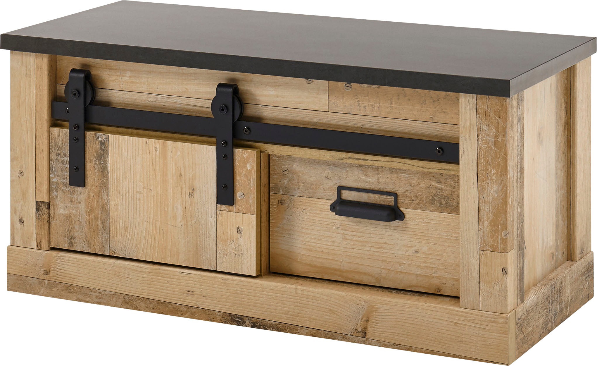 Premium collection by Home affaire Sitzbank »SHERWOOD«, in modernem Holz Dekor, mit Scheunentorbeschlag und Apothekergriffen aus Metall, Breite 93 cm