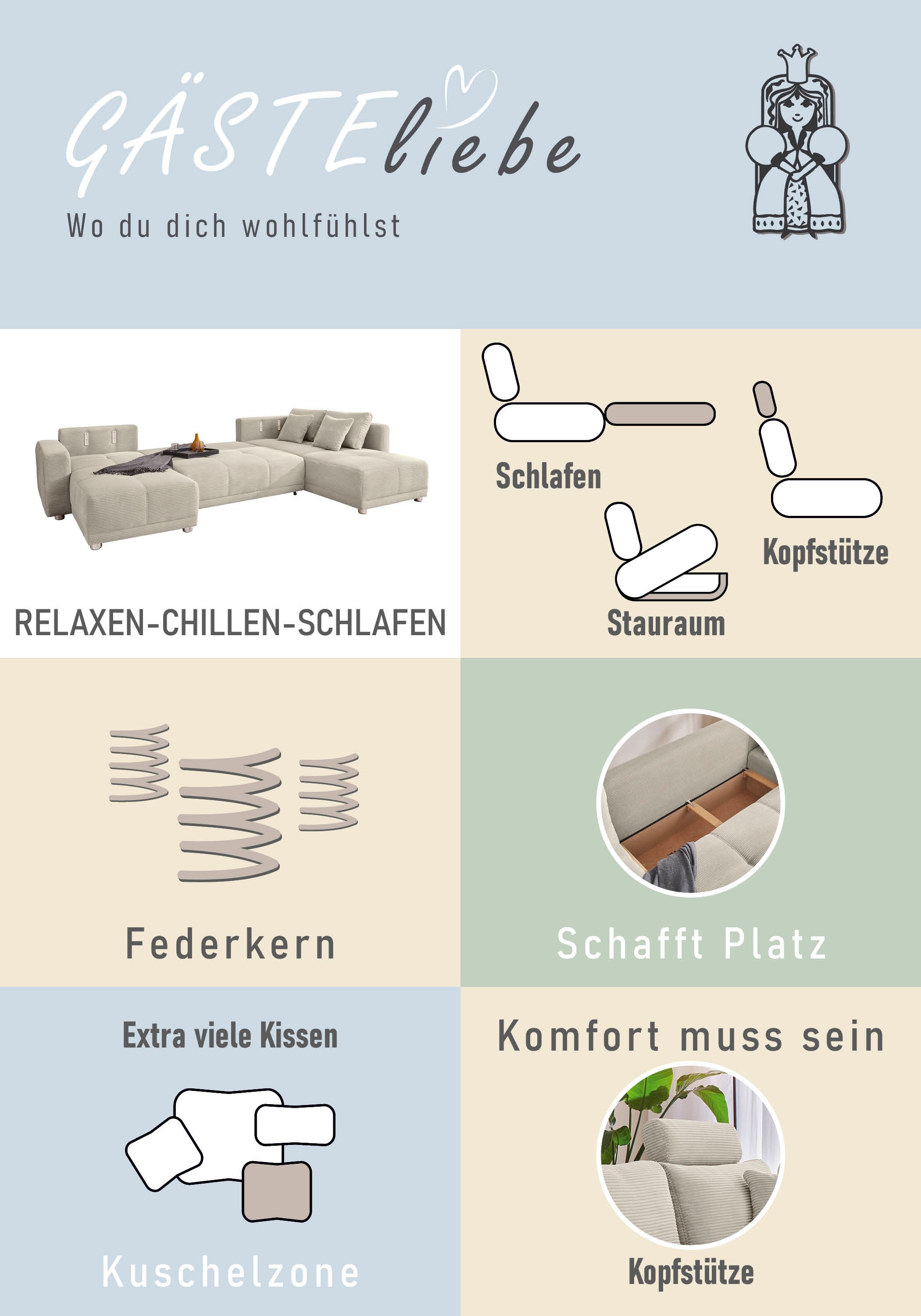 Jockenhöfer Gruppe Wohnlandschaft Orlando, mit Bettfunktion und Bettkasten, inklusive 2 Kopfstützen