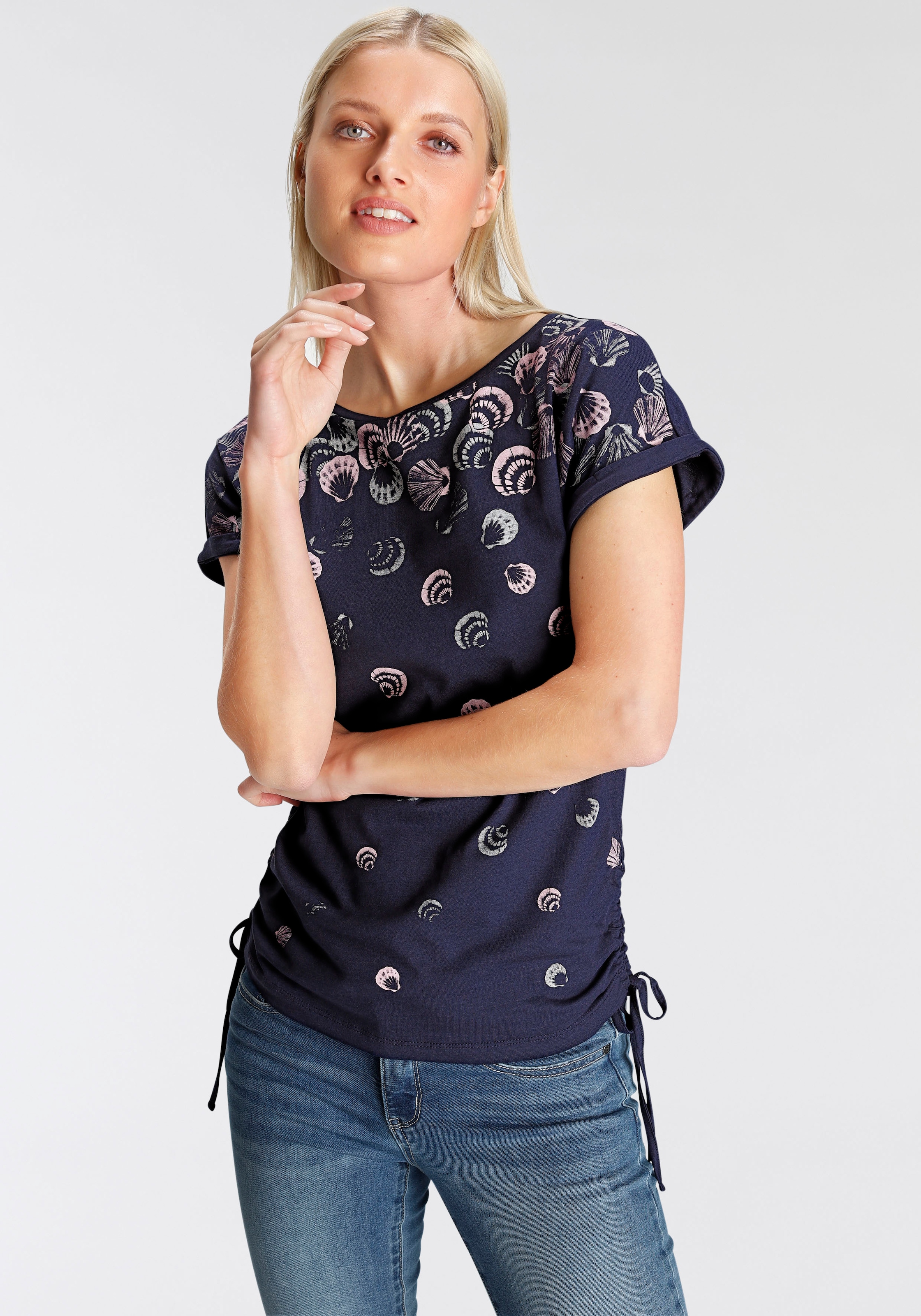 DELMAO T-Shirt, mit seitlichen Raffungen bei NEUE Druckdesigns OTTO verschiedenen online in - MARKE