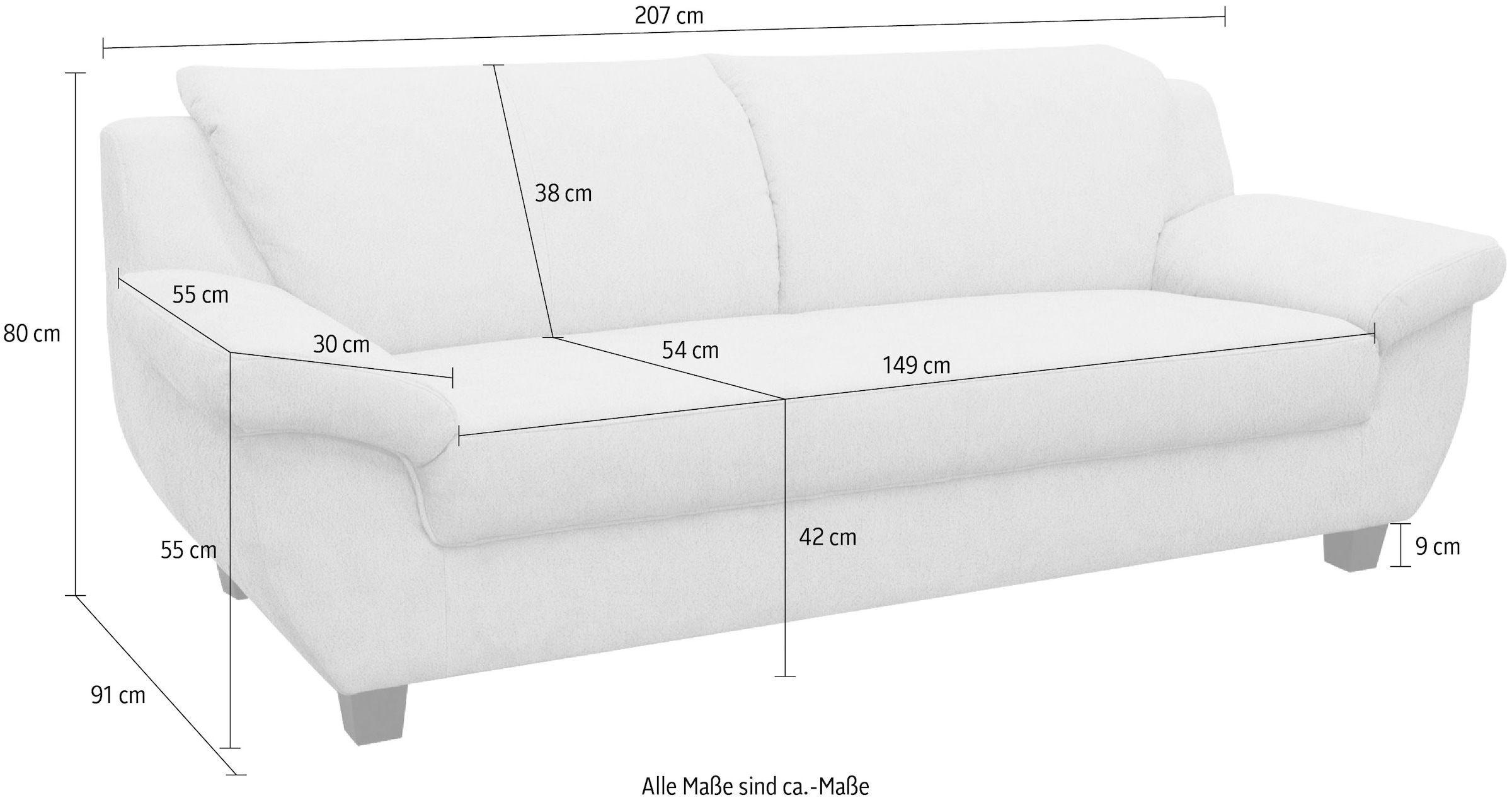 OTTO home 3-Sitzer »Silkeborg 207 cm, formschönes Sofa mit dunklen Füßen« aus pflegeleichtem, weichem Luxus-Microfaser