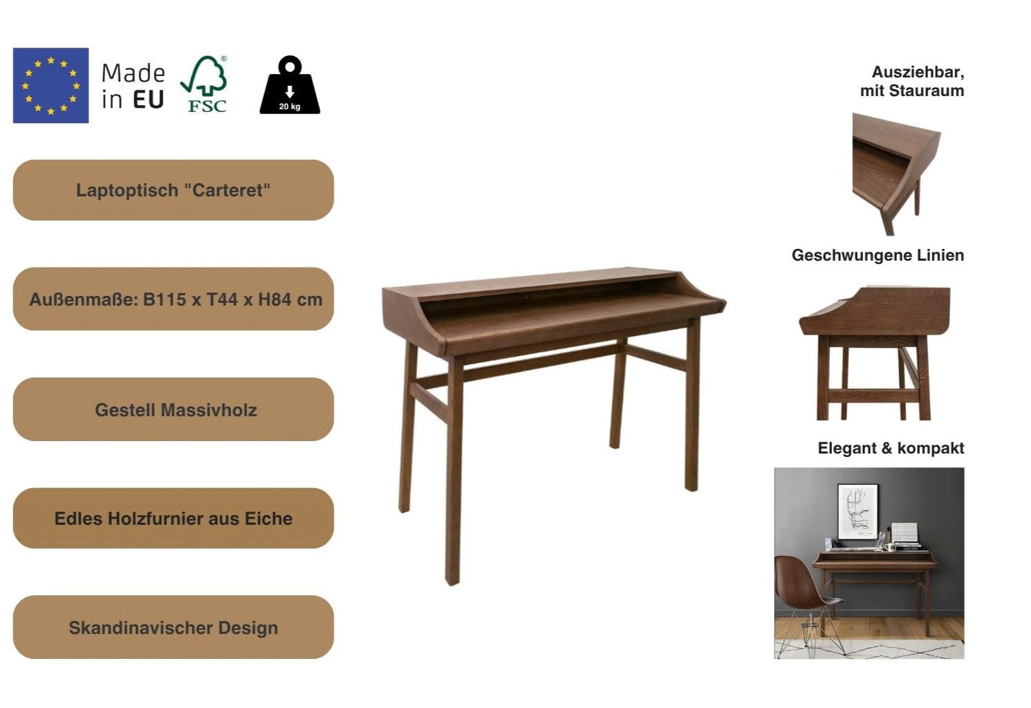 Woodman Schreibtisch »Carteret Computer-Tisch mit ausziebarer Arbeitsplatte« edles Holzfurnier, Gestell Massivholz, Breite 115 cm