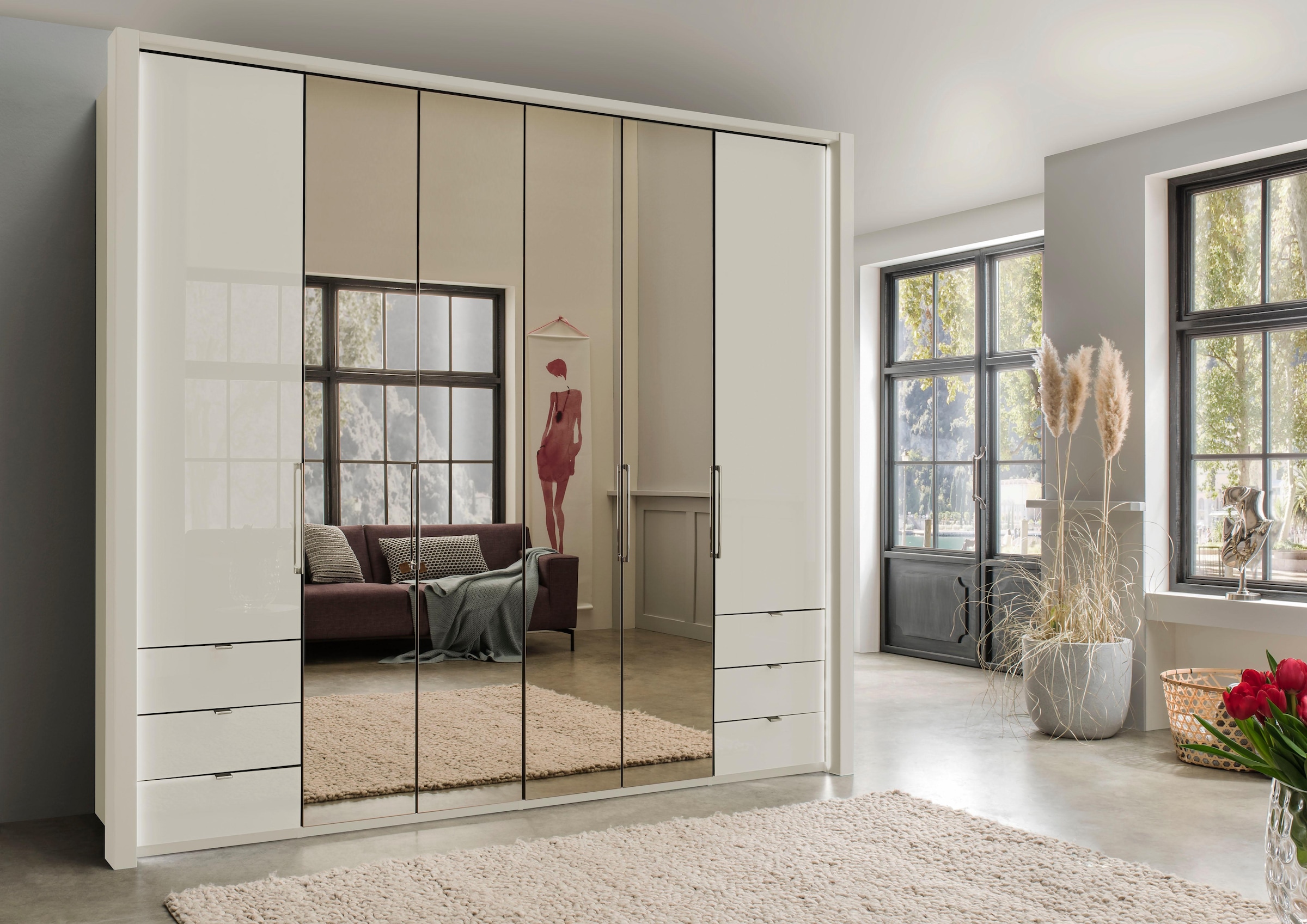 WIEMANN Falttürenschrank »Kansas, Kleiderschrank, Schrank, Wäscheschrank, mit Glas und Spiegel«, (2 Breiten, MADE IN GERMANY), inkl. gepämpften Schubkästen und Türen, mit Panoramaöffnung