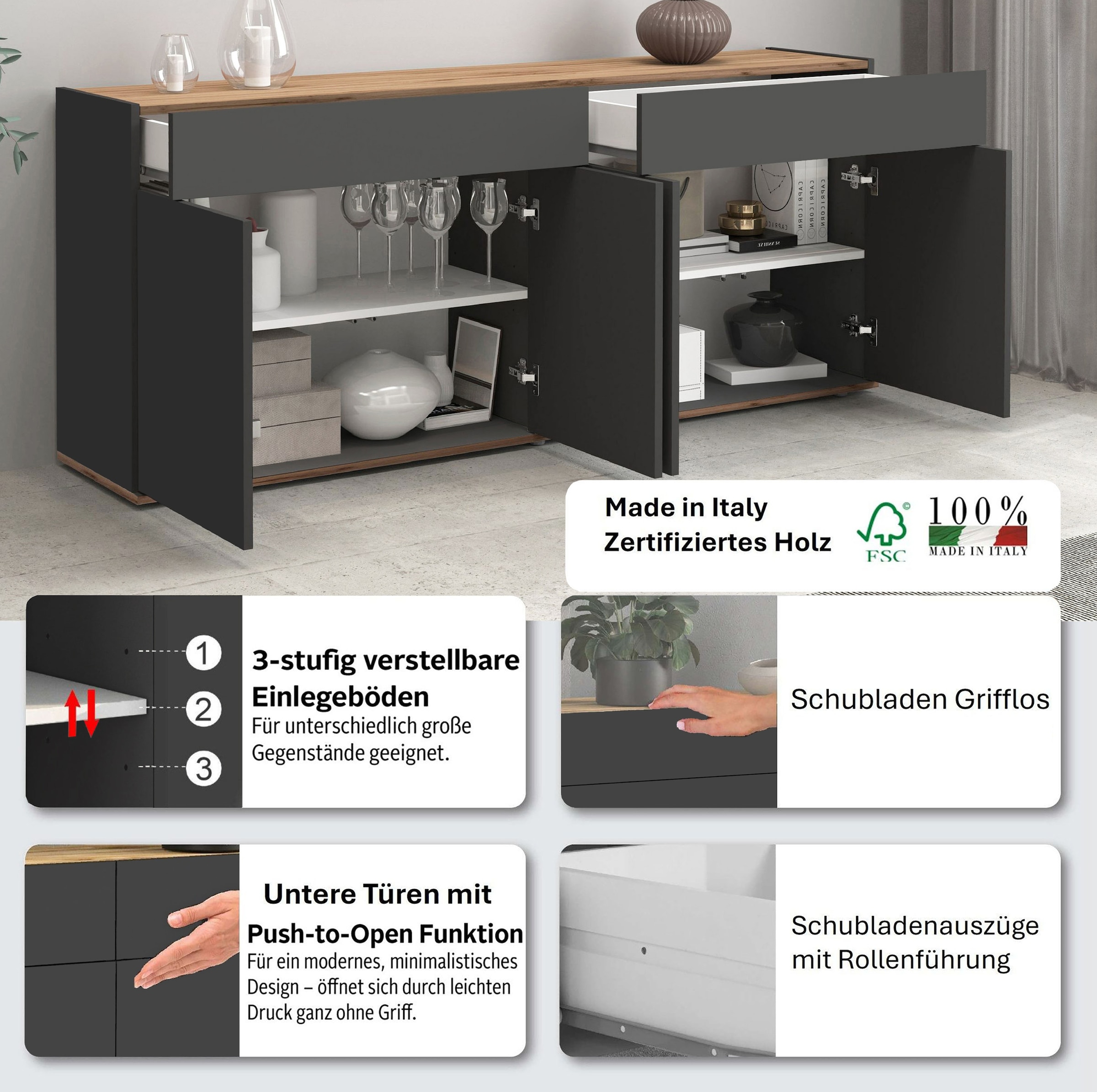 INOSIGN Sideboard »Garda, Kommode, Schrank, Kredenz«, 4 Türen, 2 Schubladen, grifflos Breite 160,1 cm