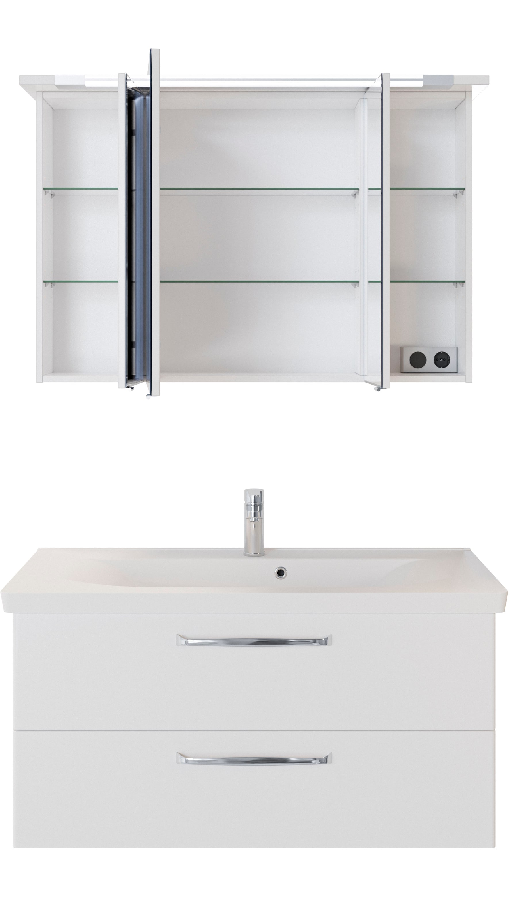 Saphir Badmöbel-Set »Trentino 2-tlg Mineralmarmor-Waschtisch, Spiegelschrank mit LED-Profil«, (3 St.), Badmöbel-Set 110cm breit, inkl. Türdämpfer, 3 Türen, 2 Auszügen