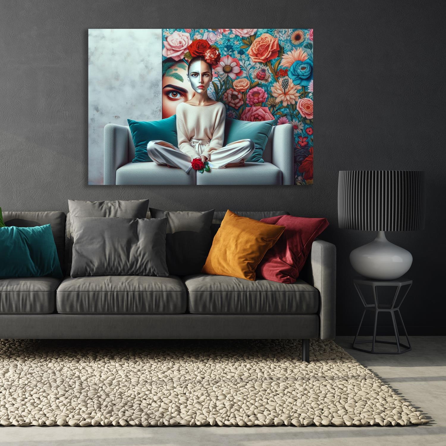 queence Acrylglasbild »Das Blumenzimmer«, Fantasy-Frau-Blumen-Blumenbilder, (1 St.), Kunst, knallige Farben, bunt