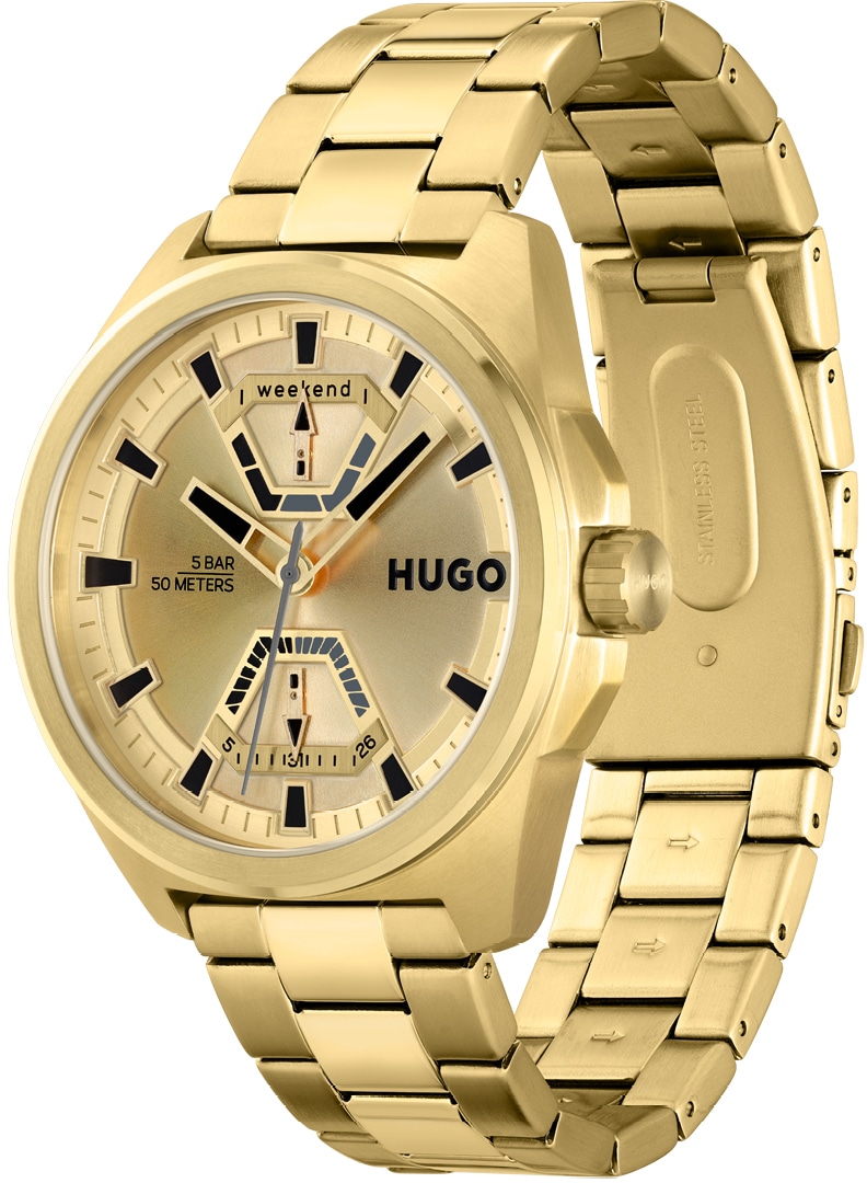 HUGO Multifunktionsuhr »#EXPOSE, 1530243«, Quarzuhr, Armbanduhr, Herrenuhr, Datum Edelstahlarmband