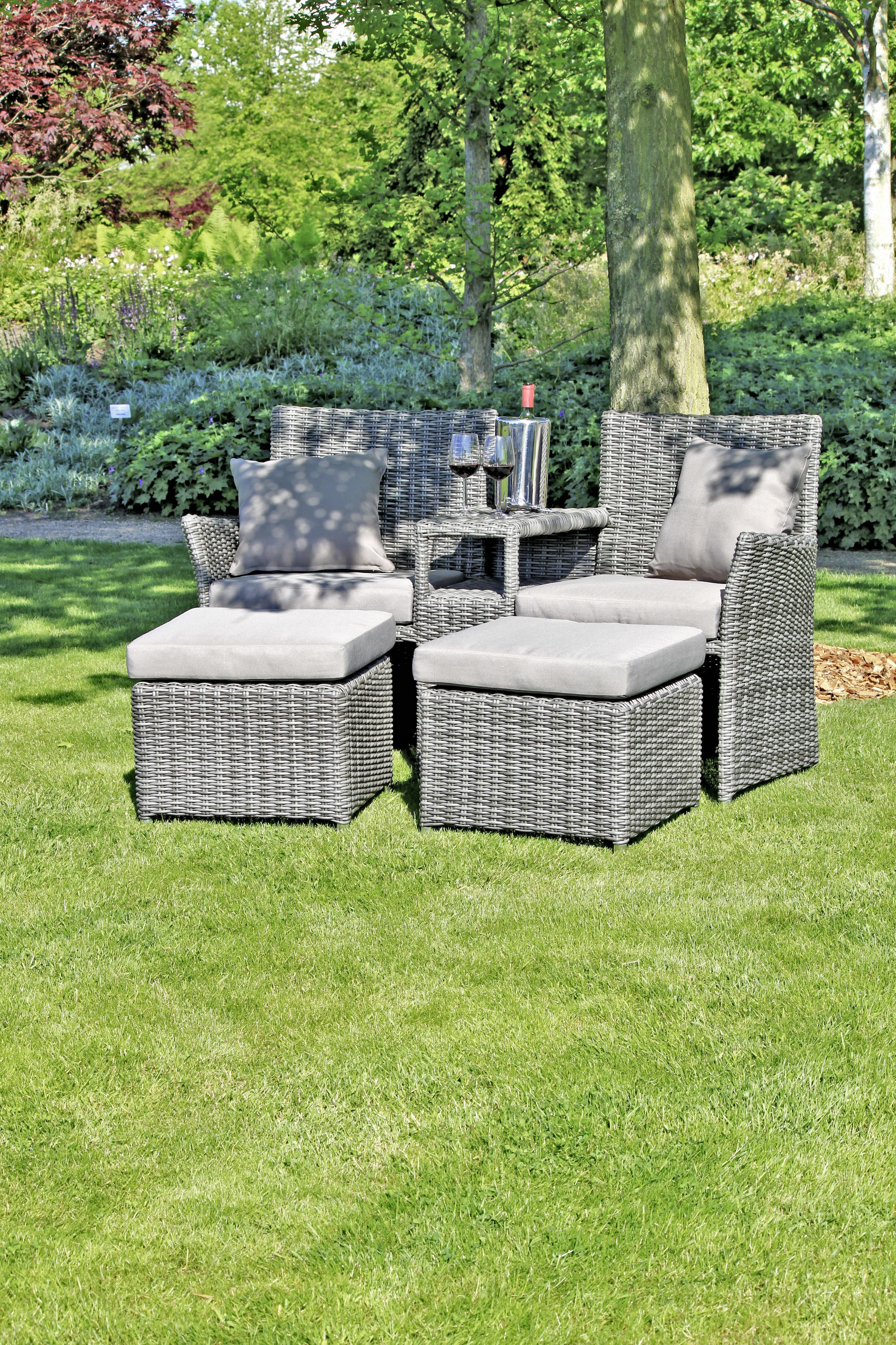 Garden Pleasure Gartensessel »CALGARY« Set,  Doppelsessel mit integriertem Tisch, 2 Hockern und Auflagen