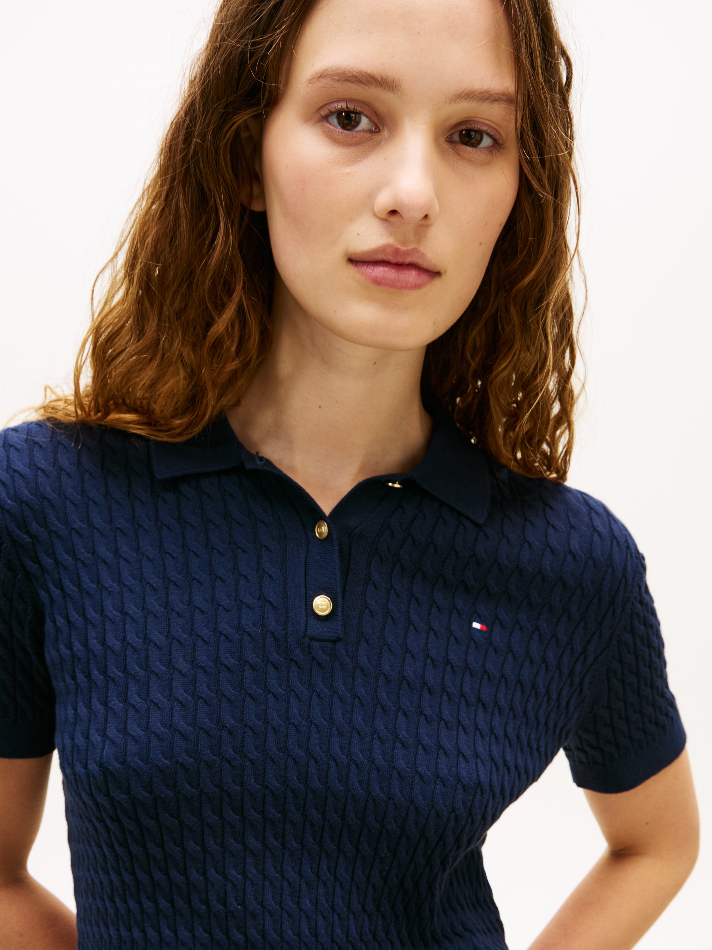 Tommy Hilfiger Poloshirt »CO CABLE POLO-NK SS SWEATER« mit Zopfmuster, Regular Fit