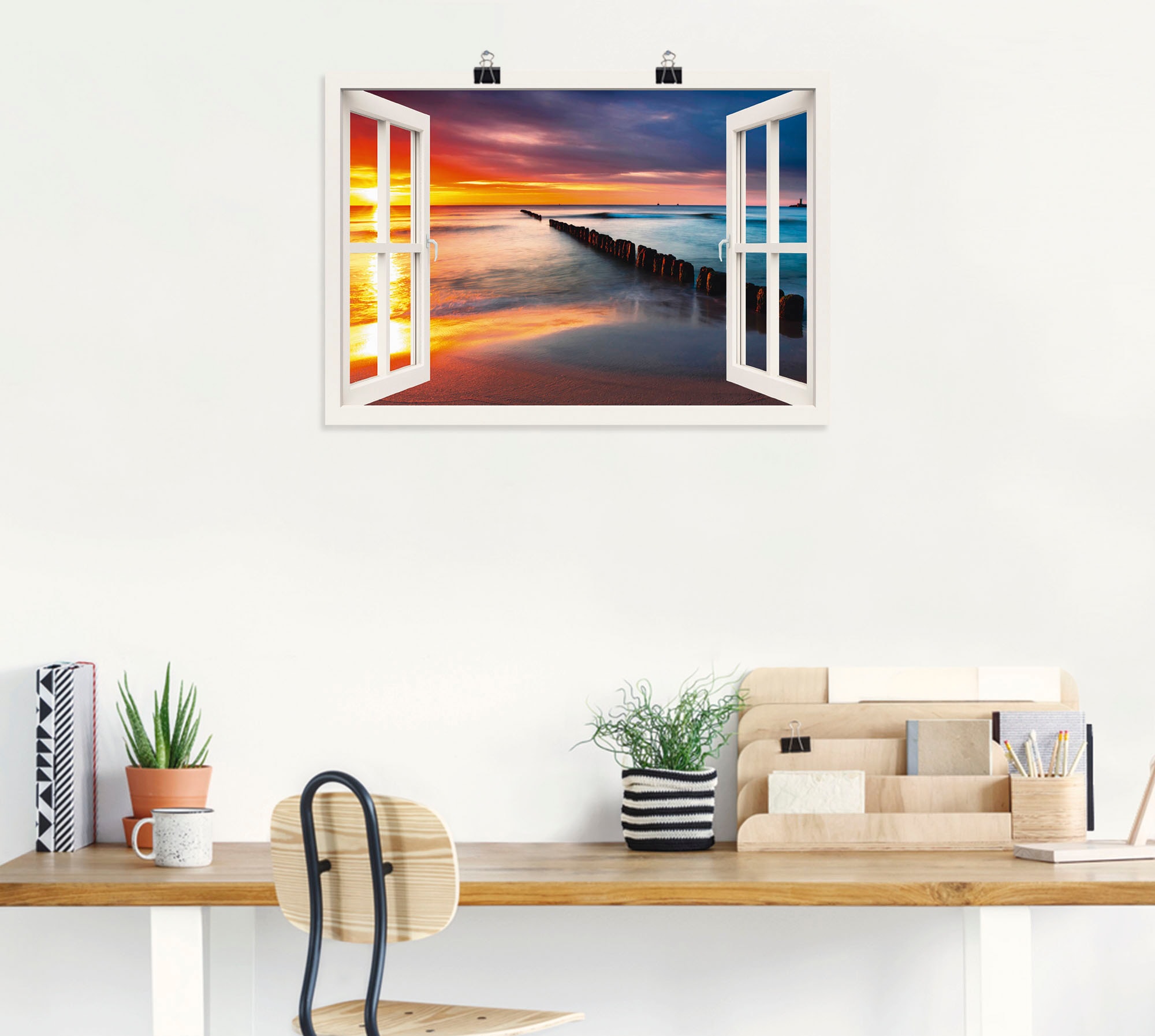 Artland Wandbild »Fensterblick Ostsee mit Sonnenaufgang«, Fensterblick, (1 St.), als Leinwandbild, Wandaufkleber oder Poster in versch. Größen