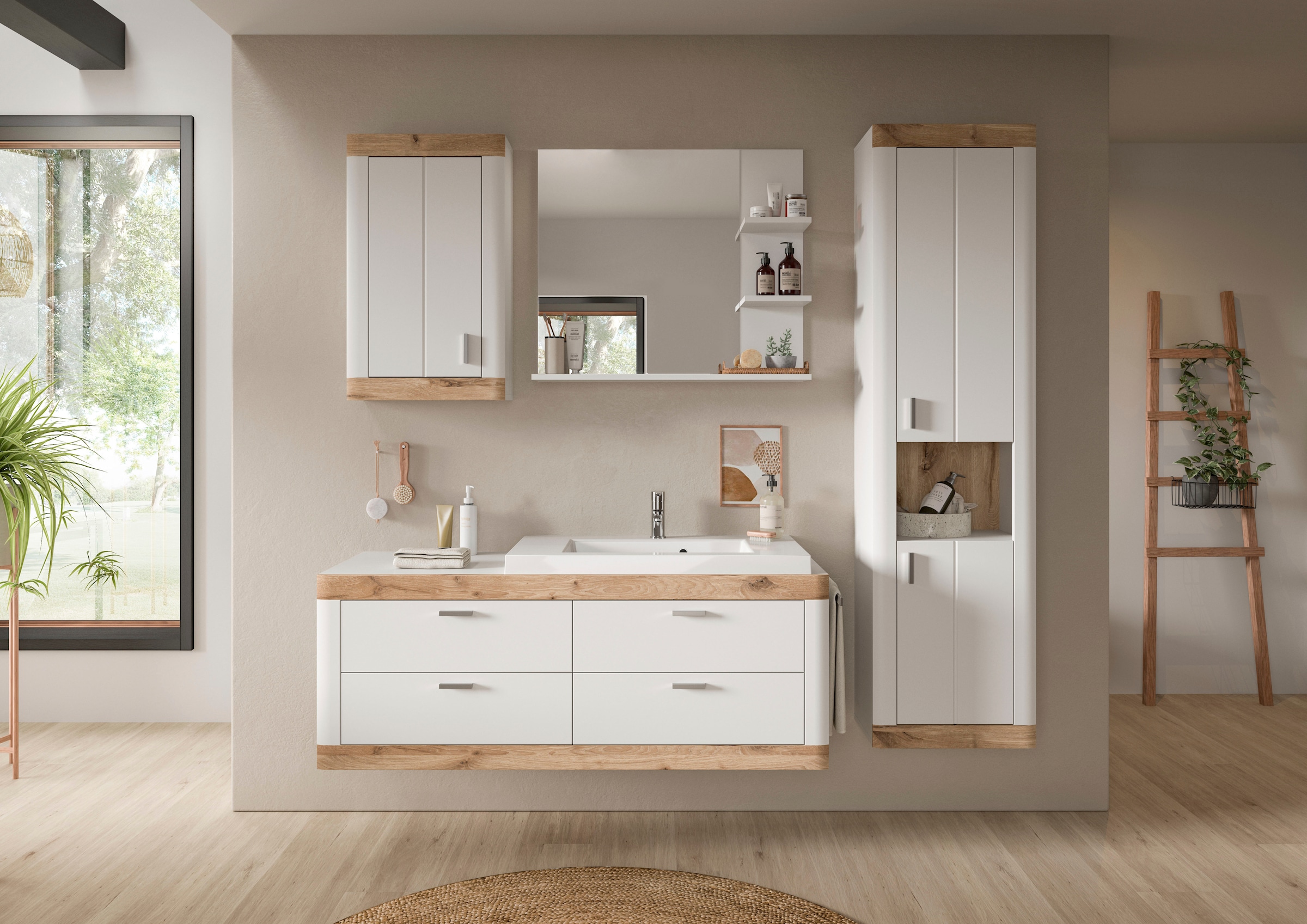 Home affaire Badmöbel-Set »Landsby, 4 teilig, inklusive Mineralguss-Waschbecken, bestehend aus:«, (Set, 4 St.), Waschtisch inkl. Waschbecken, Hängeschrank, Badspiegel, Hochschrank