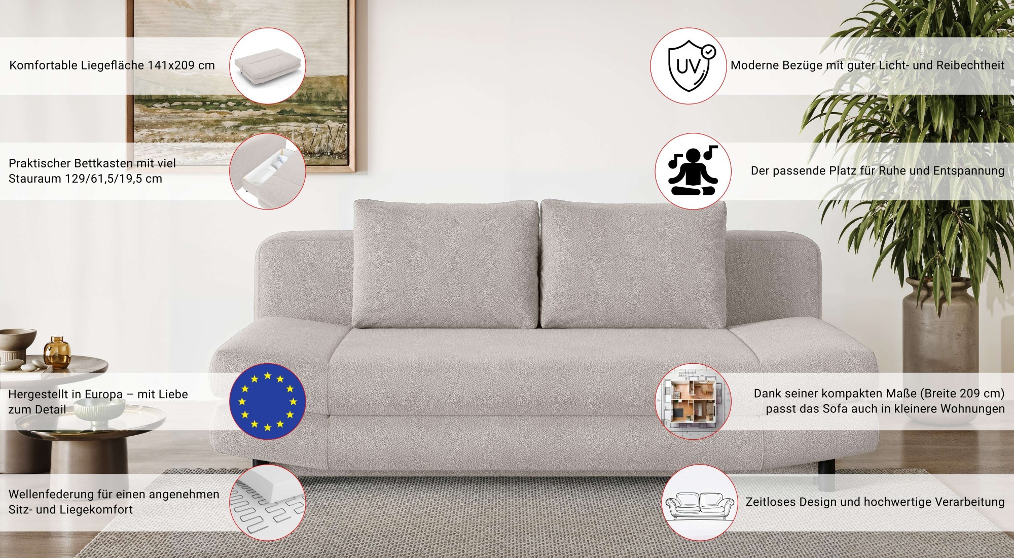 Home affaire 3-Sitzer »LENNARA Schlafsofa mit Bettkasten, Maße B/T/H: 209/96/86 cm«, Sofa mit Wellenunterfederung, hoher Sitzkomfort