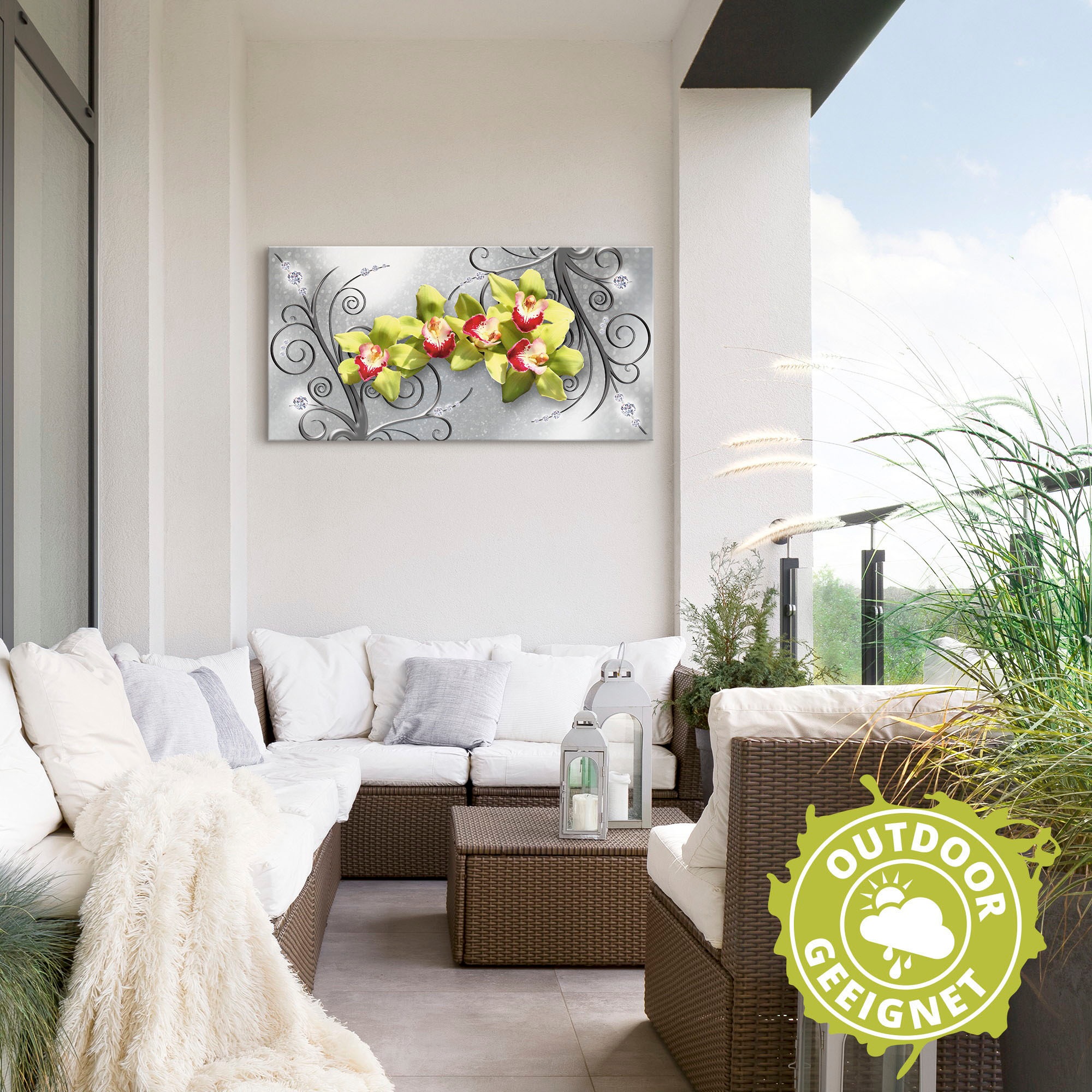 Artland Wandbild »Grüne Orchideen auf Ornamenten«, Blumenbilder, (1 St.), als Alubild, Outdoorbild, Leinwandbild, Poster, Wandaufkleber