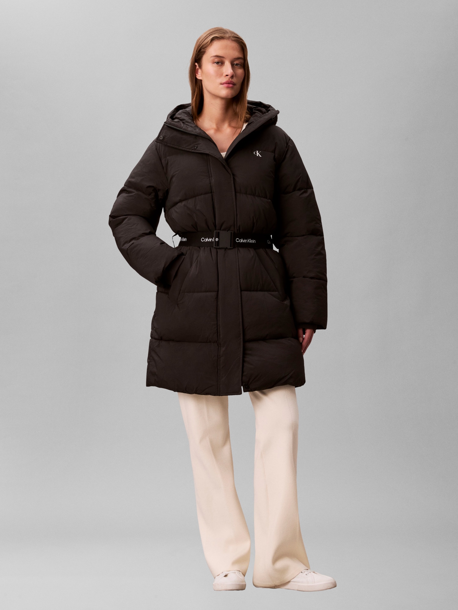 Calvin Klein Jeans Steppmantel »BELTED MIDWEIGHT LONG PUFFER«, Mit Rundhalsausschnitt, regular fit
