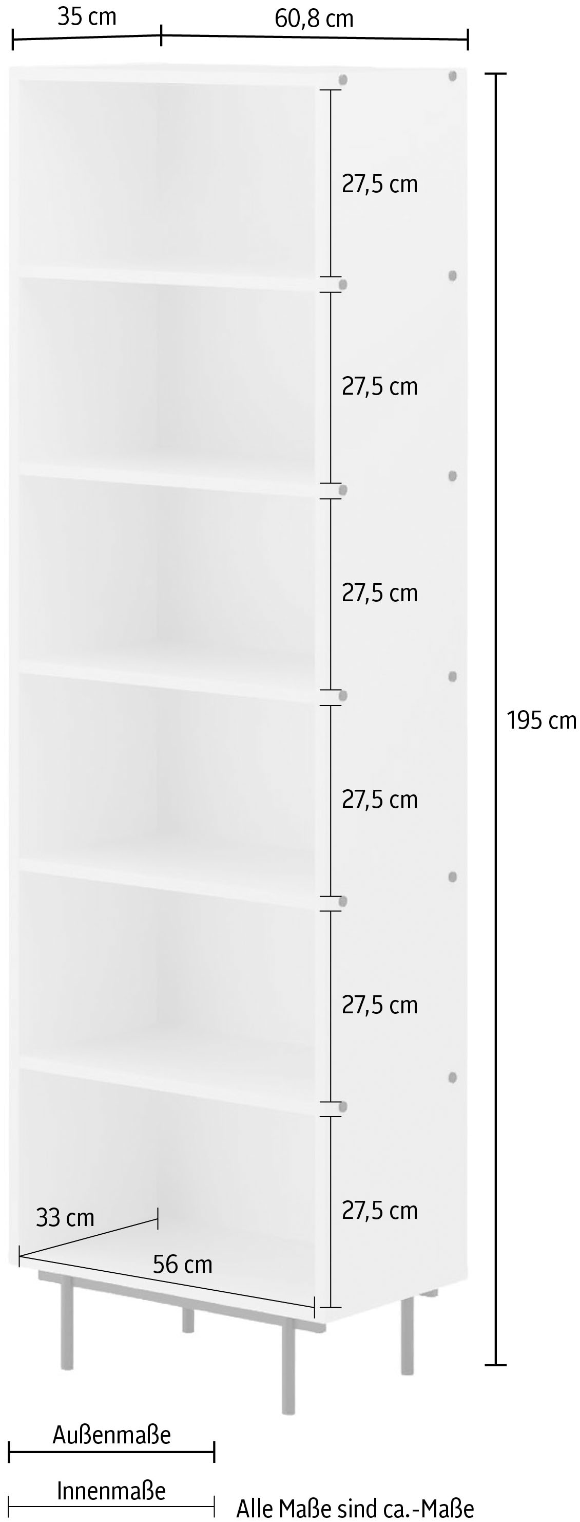 Home affaire Standregal »Arrocco: Schlankes Regal in 2 Farben mit Metallelementen, stilvoll« B/T/H: 60,8/35/195cm, 5 offene Fächer, viel Platz, Made in Poland