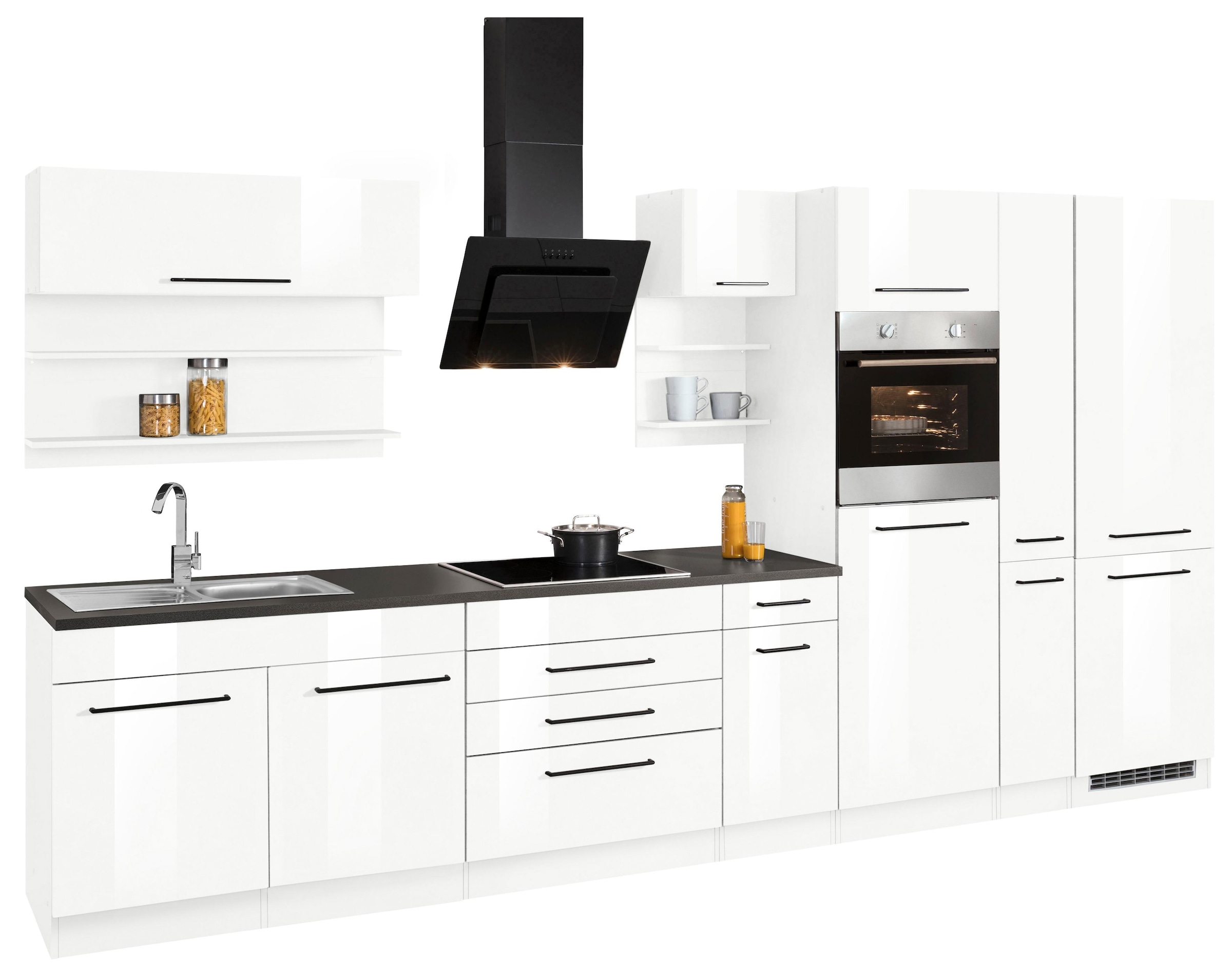 KOCHSTATION Küchenzeile »KS-Tulsa« ohne E-Geräte, Breite 380 cm, schwarze Metallgriffe, MDF Fronten