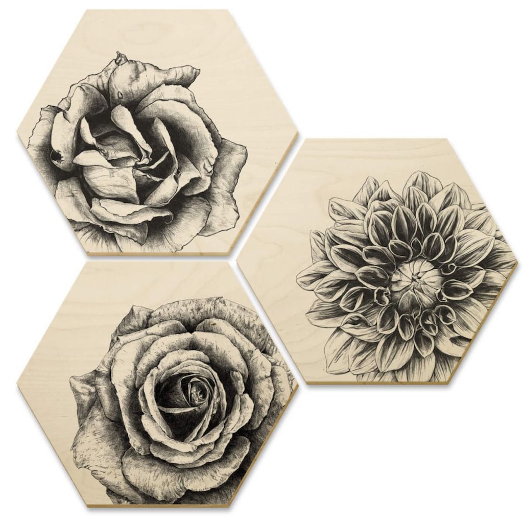 Wall-Art Mehrteilige Bilder »Hexagon Holzbilder Blumen Set«, (Set, 3 St.)