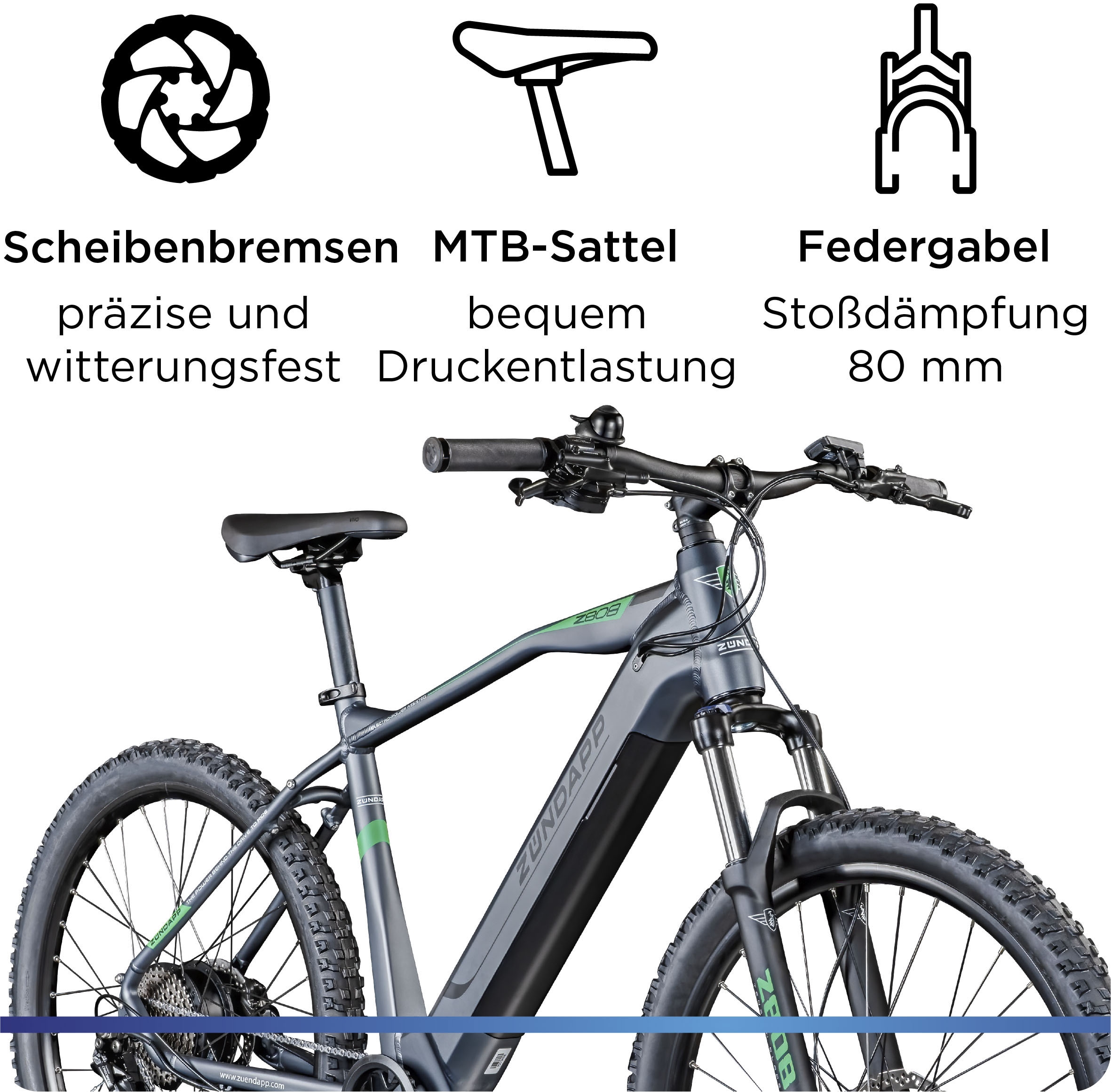 Zündapp E-Bike »Z808«, 10 Gang, Heckmotor 250 W, Pedelec, Elektrofahrrad für Damen u. Herren, MTB