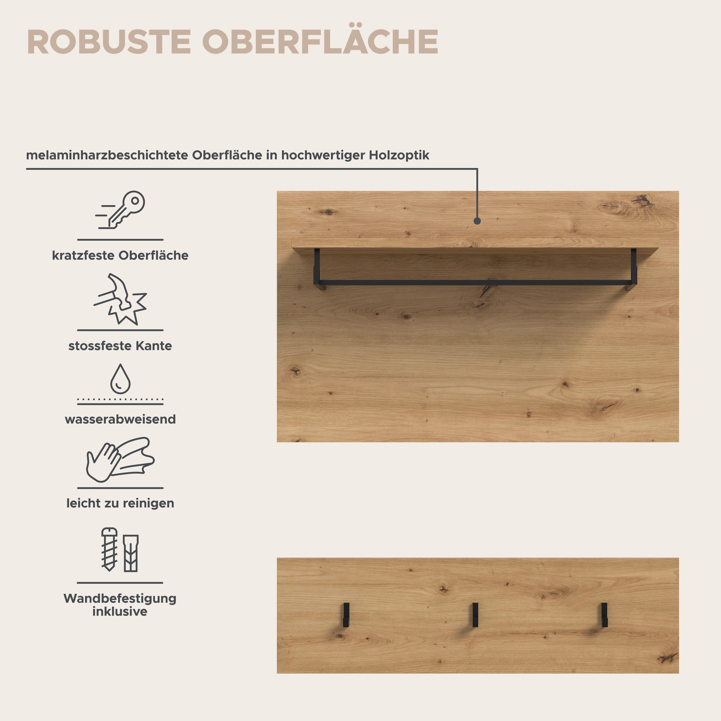 Home affaire Garderobenpaneel »REHAT, TOPSELLER!, 2-teilig, bestehend aus: Paneel & Hakenleiste« in verschiedenen Farben erhältlich, 1 Stk. tlg. Paneel, Hakenleiste, Wandboard, Garderobe, Garderobenleiste