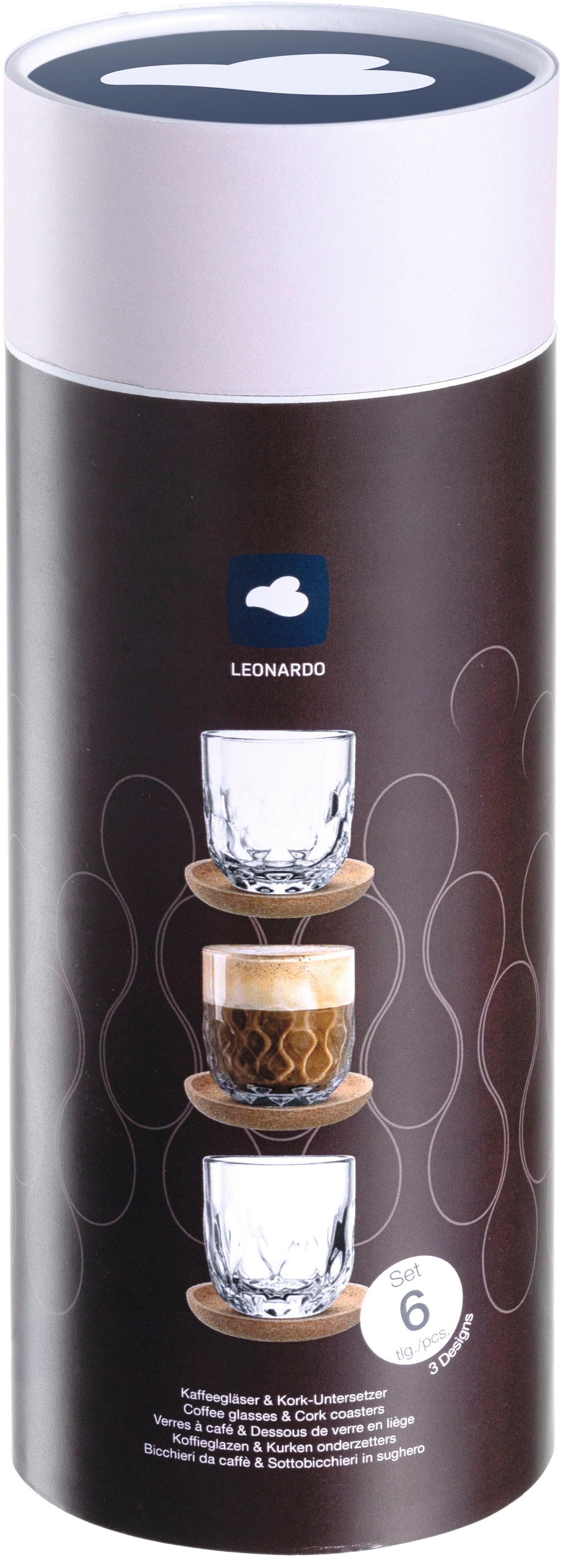 LEONARDO Gläser-Set »Kaffee-Set GOCCE, 220 ml, 6-teilig« 3 Gläser mit unterschiedlichem Tropfenrelief, inkl. Kork-Untersetzer