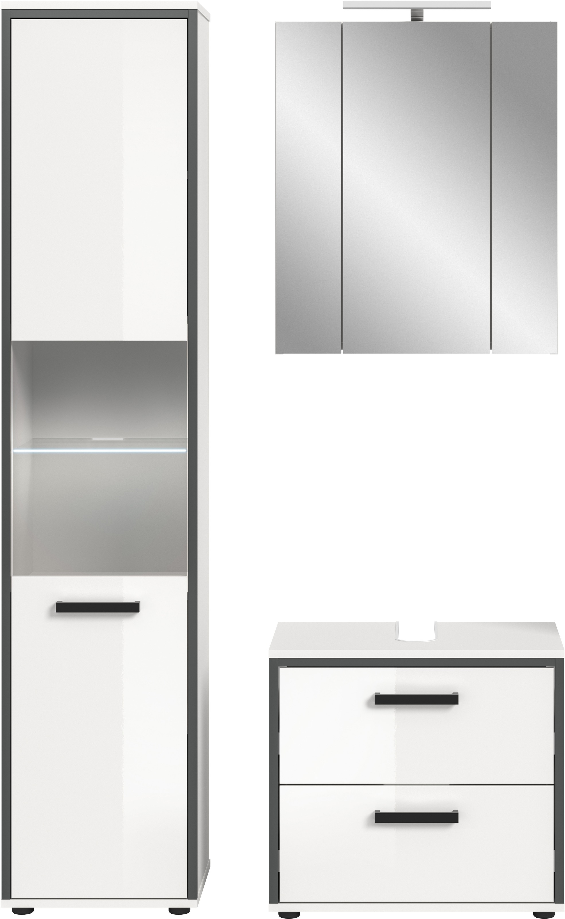welltime Badmöbel-Set »KAJO, 3-tlg. Badkombination, weiß hochglanz, inkl. Beleuchtung« Set, Set, best. aus: Hochschrank, WBU, Spiegelschrank, Beleuchtung, 5 Stk. tlg.