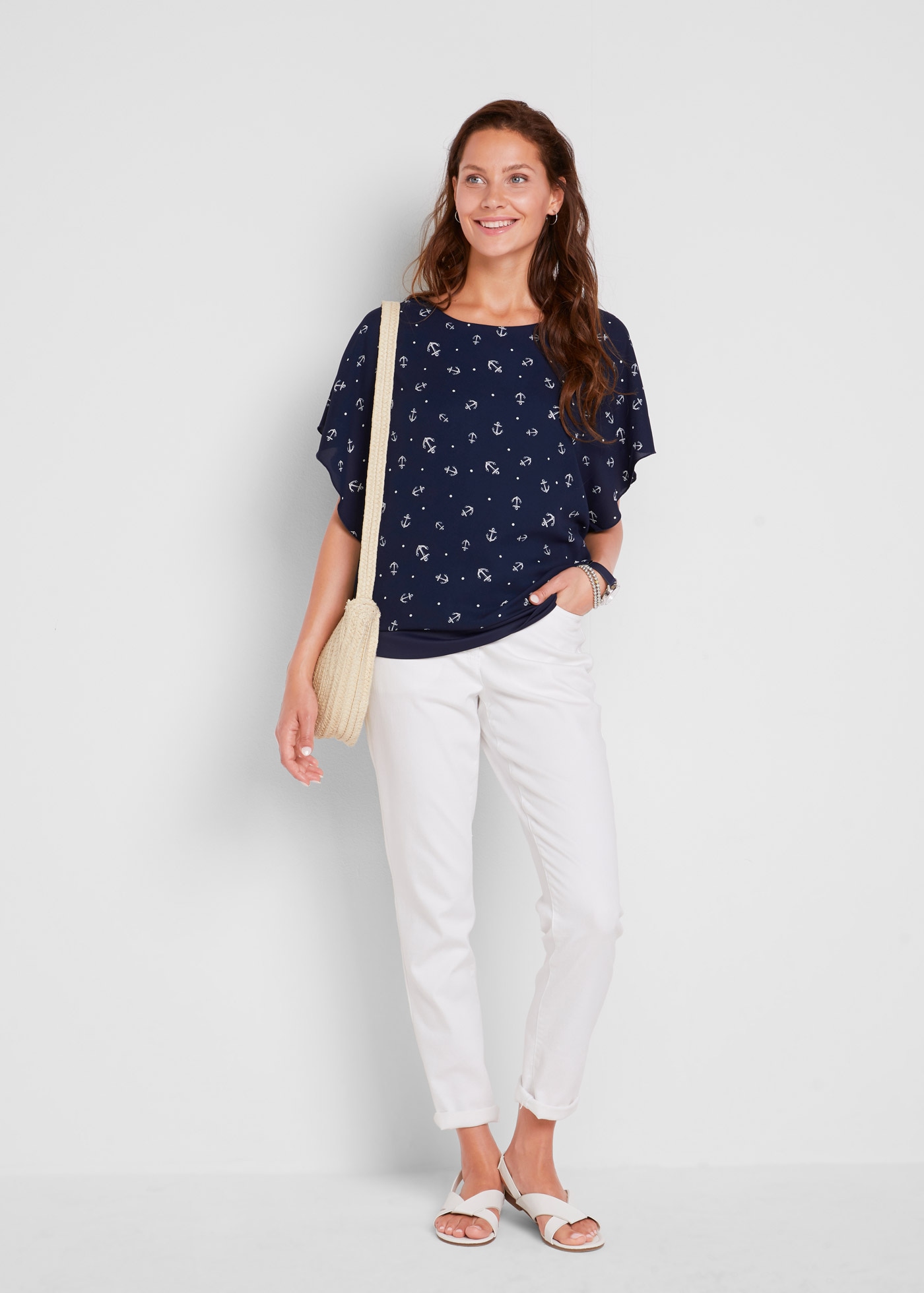 bonprix Shirtbluse lockere Passform, maritimer Allover-Print, angesetztes Taillenbündchen