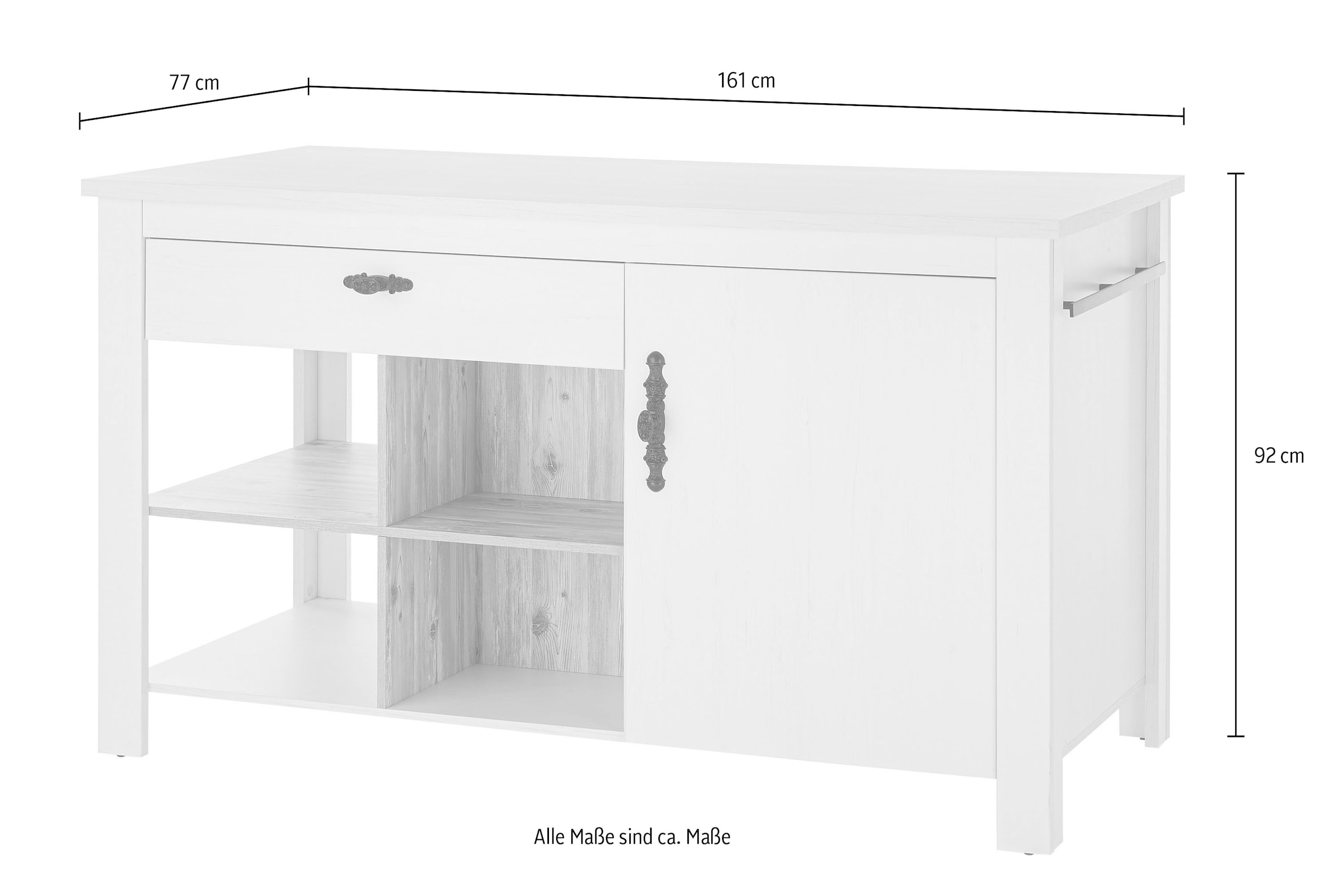 Home affaire Kücheninsel »Florenz, Küchenblock in Pinie Weiß, Kochinsel, Küchenarbeitsblock«, Breite 161 cm, mit verschnörkeltem Metallgriff, Arbeitshöhe 92 cm