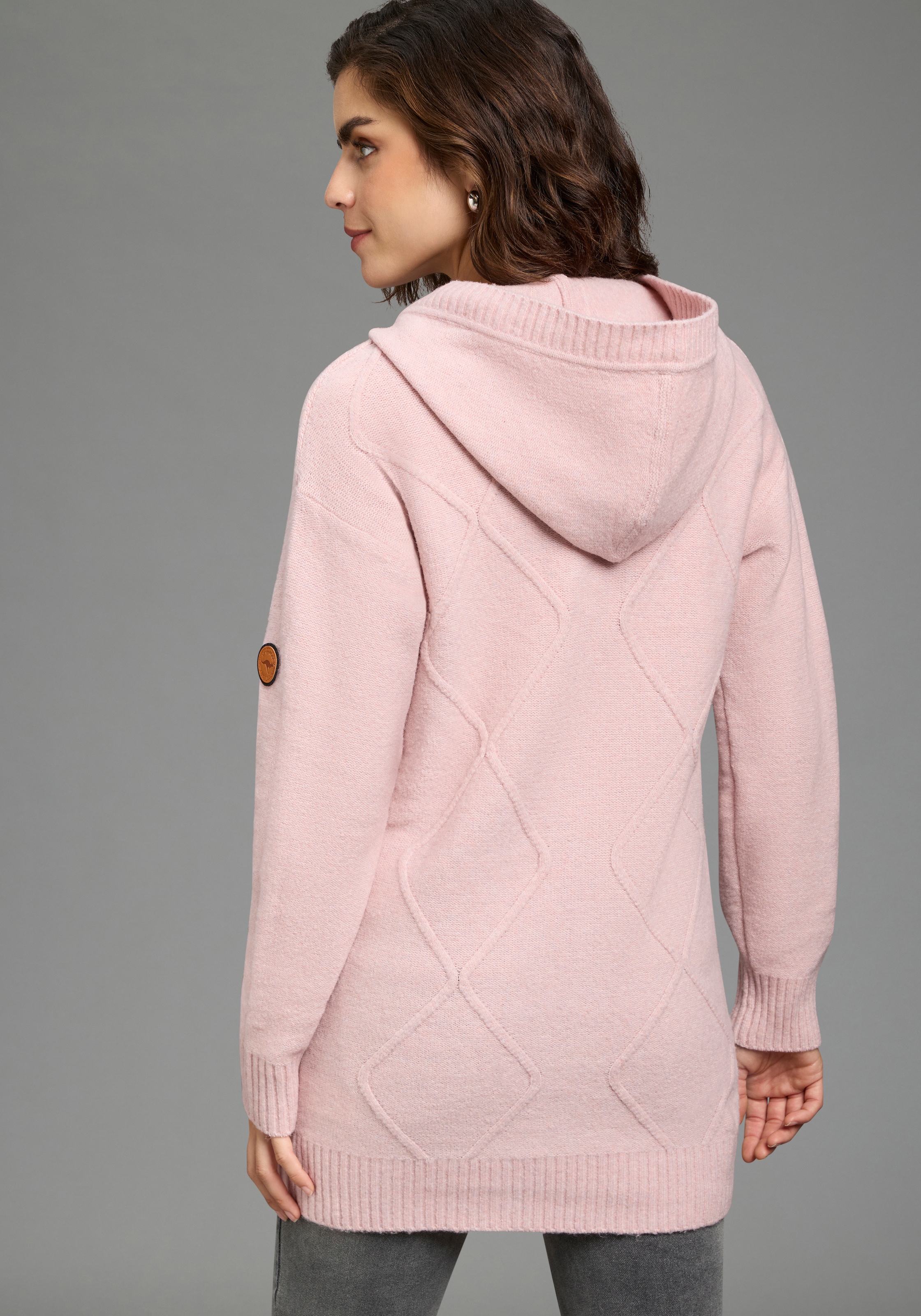 KangaROOS Kapuzenstrickjacke mit Kapuze, Langarm, ca. Mitte Oberschenkel lang, bequeme Passform