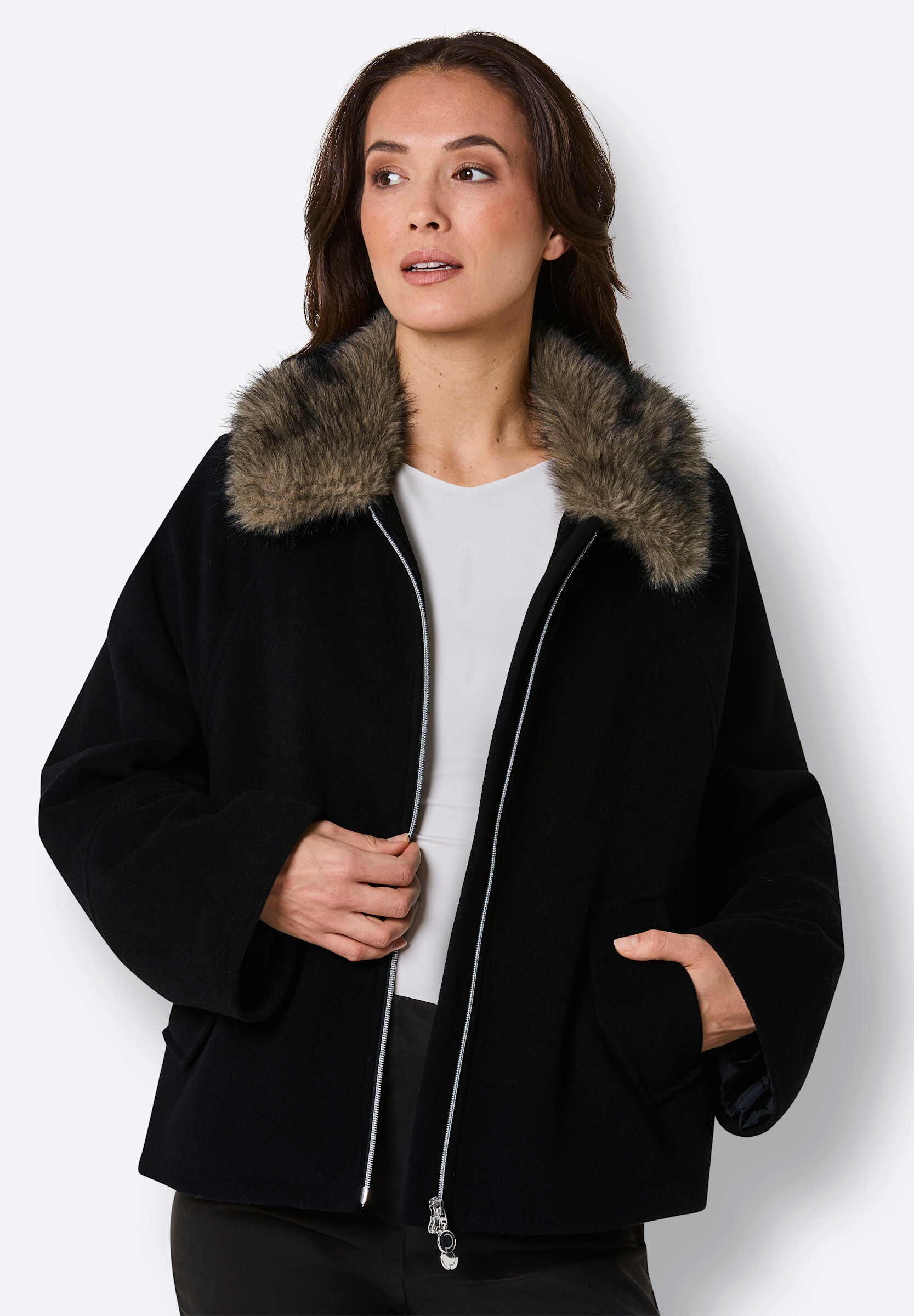 creation L Kurzjacke »Woll-Jacke Wolljacke mit Pelz-Imitat-Kragen« ohne Kapuze