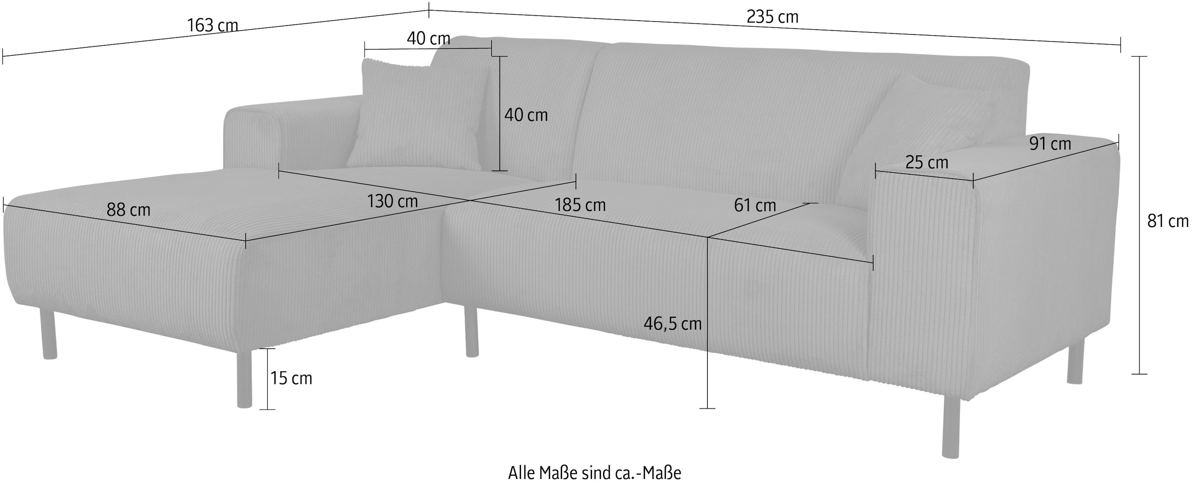 Home affaire Ecksofa »ARROS L-Form mit Wellenunterfederung, Maße B/T/H: 235/163/81 cm«, incl. Zierkissen, mit Recamiere rechts/links bestellbar, auch in Cord