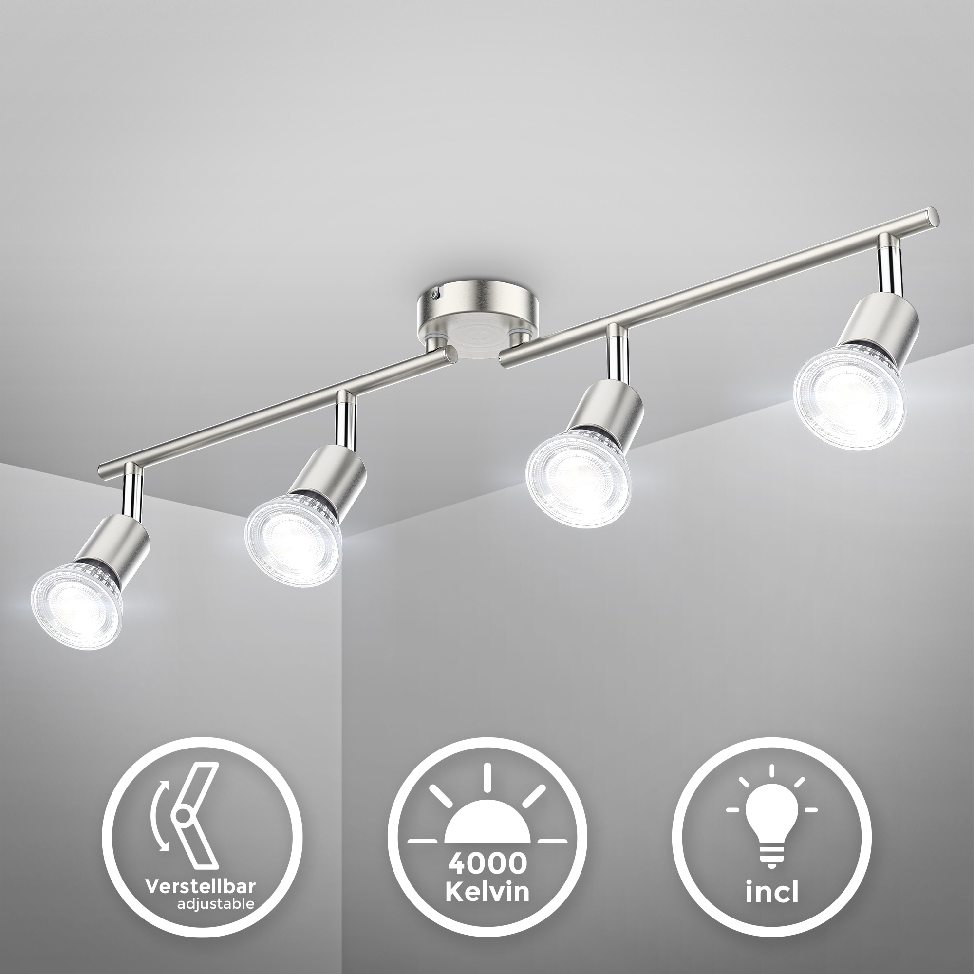 B.K.Licht Deckenleuchte, 4 flammig, Leuchtmittel GU10 | LED wechselbar, 4-flammig, LED Deckenlampe, dreh- schwenkbar, neutralweiß, matt-nickel