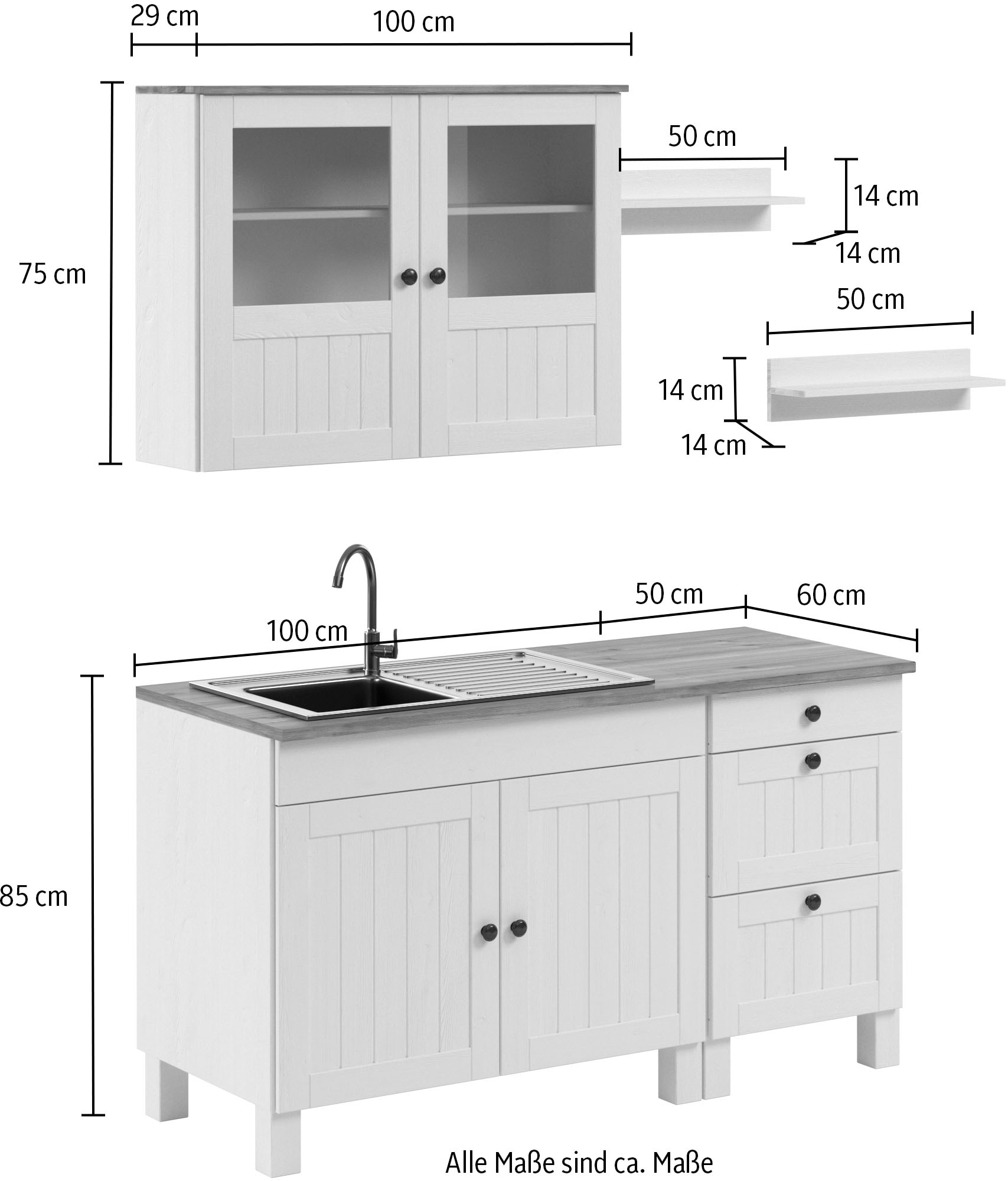 Home affaire Pantryküche »Alby2«, (Set), Breite 150 cm, Kiefer massiv, ohne E-Geräte