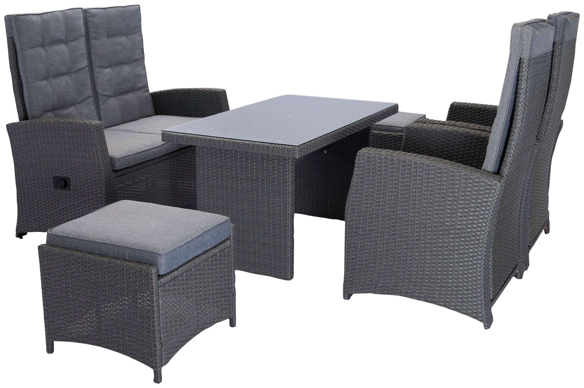 KONIFERA Gartenlounge-Set »Paris«, (Set, 12 tlg., 2x Sessel, 2x Hocker, 2er Sofa, 1xTisch 120x70x66cm,inkl. Schutzhülle), verstellbare Rückenlehne, Polyrattan, Aluminium