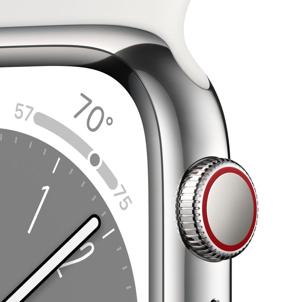 Apple Smartwatch »Series 8, GPS + Cellular, Edelstahl-Gehäuse, 45 mm mit Sportarmband«, (Watch OS)