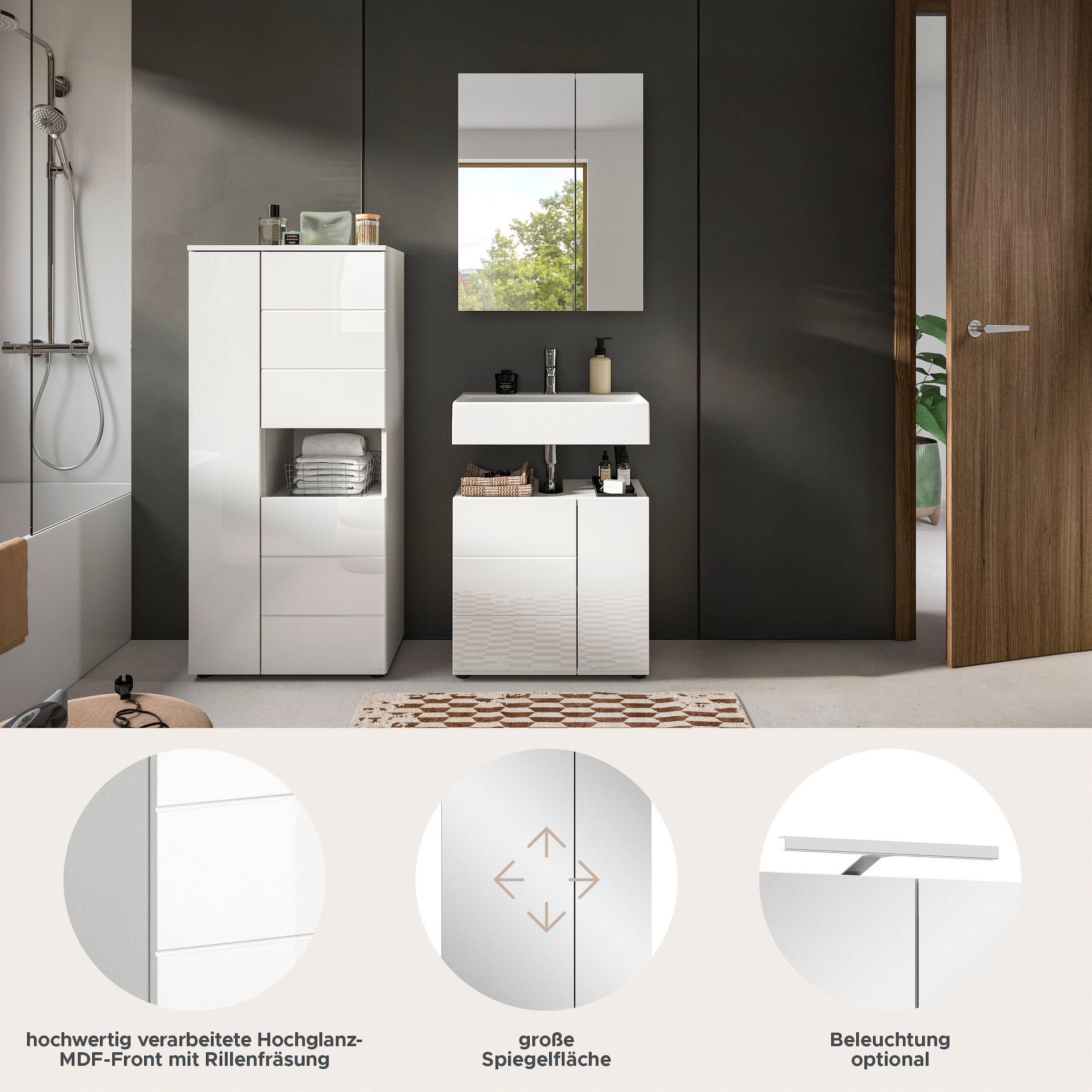 welltime Badmöbel-Set »Biel, Höhe 190 cm, Midischrank, Unterschrank, Spiegelschrank«, (3 St.), Bad Set, modernes Design, Hochschrank, Unterschrank, Spiegel