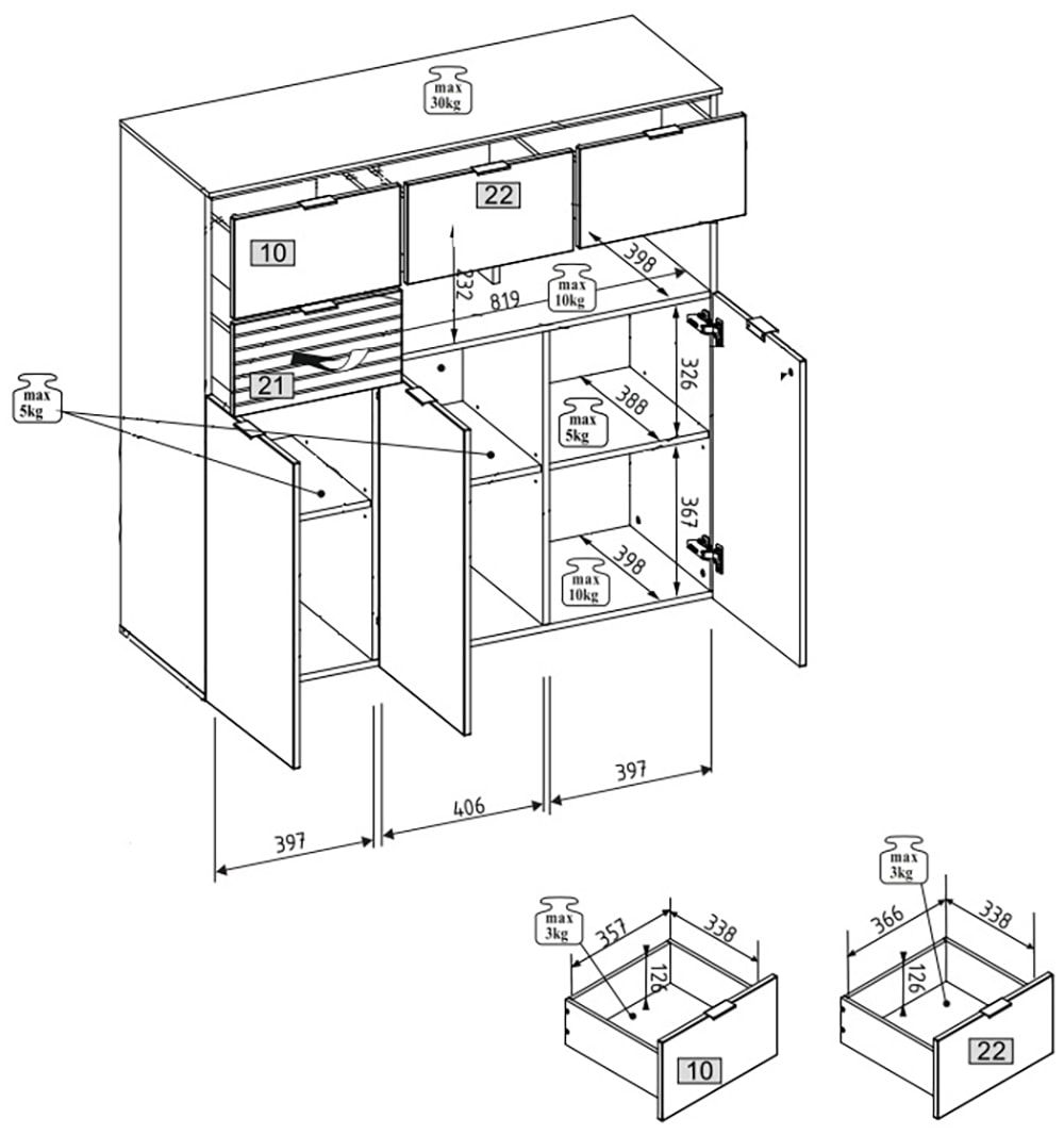 Innostyle Highboard »INA Highboard,  84 x 125 x 45 cm (B/H/T)« 1 Stk. tlg. 3 türig, 4 Schubladen, inkl. Beleuchtung, Softclose