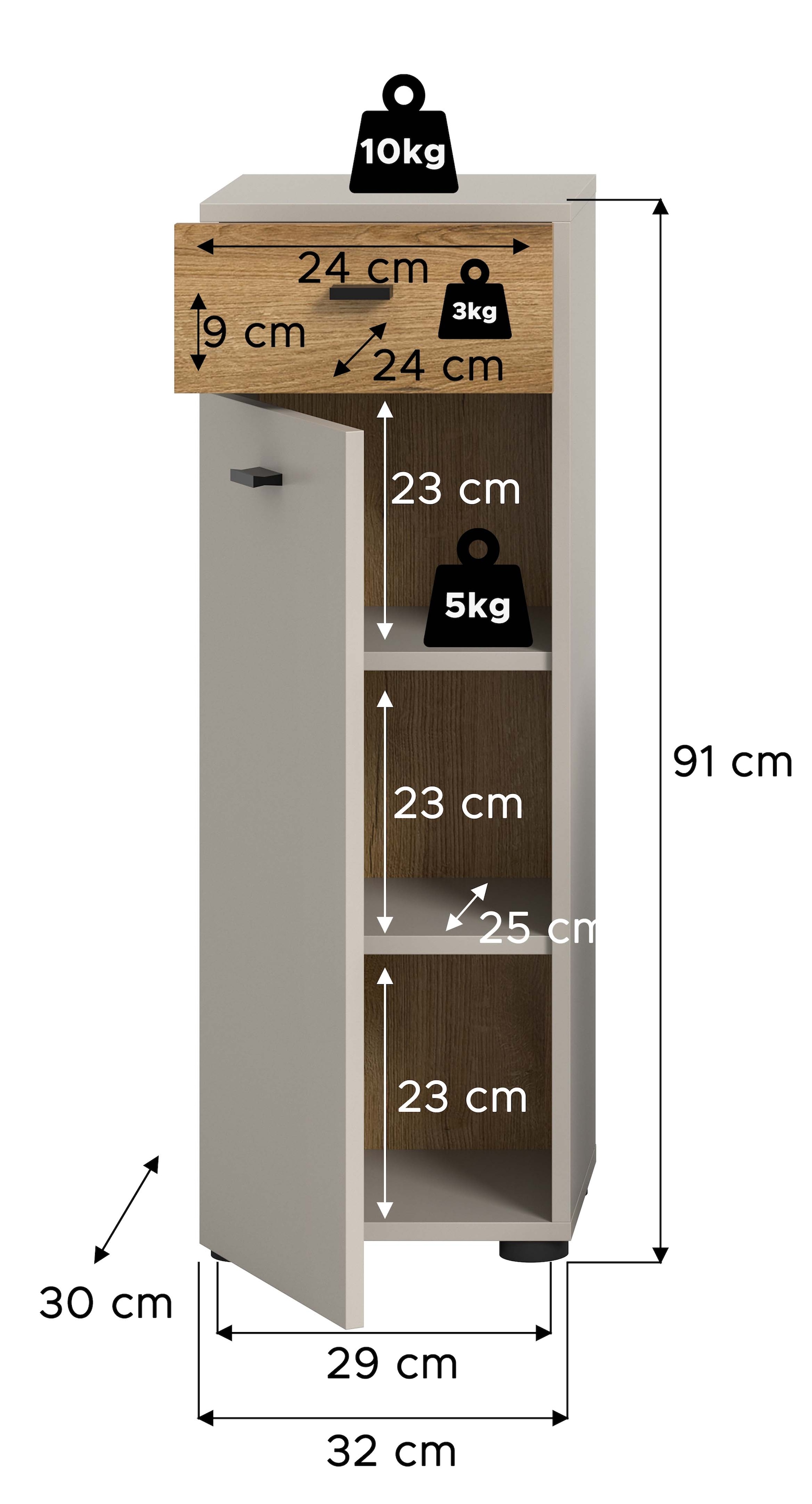 welltime Midischrank »VANN, Höhe 91cm, 1 Tür, 1 Schubkasten, 3 Fächer,Türanschlag wechselbar« individuell mit weiteren Artikel der Serie VANN kombinierbar,  Standschrank, Kommode, Schrank, Badschrank, Universalschrank, Bad