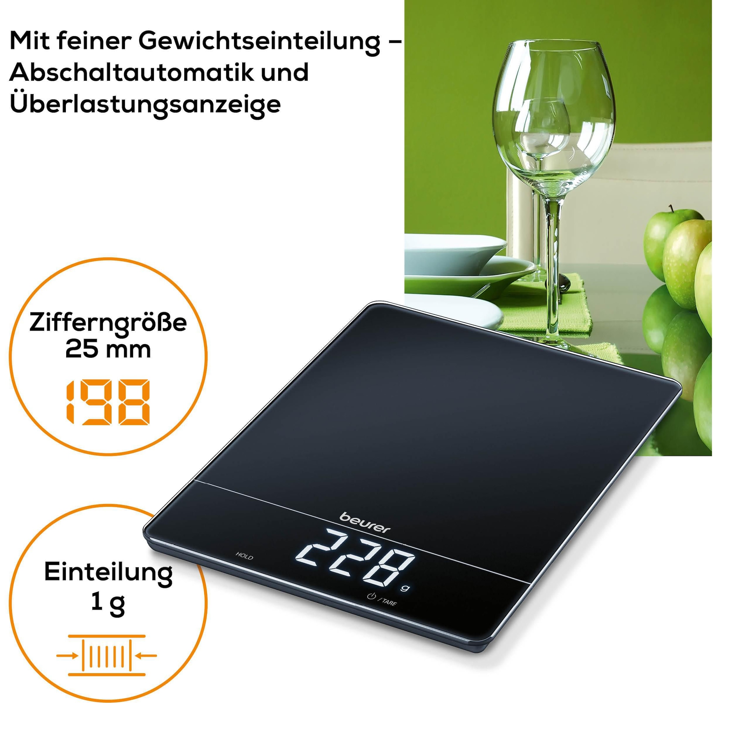 BEURER Küchenwaage »KS 34 mit Tara-Zuwiegefunktion«, Mit modernen Sensortasten, Display erscheint nur während Messung