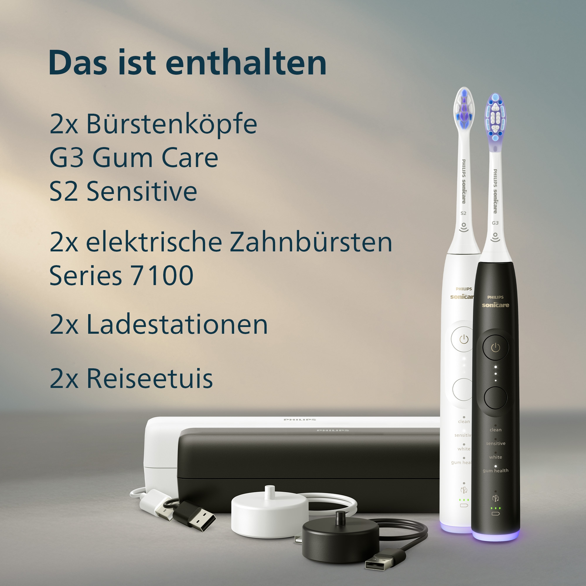 Philips Sonicare Elektrische Zahnbürste »Series 7100 HX7429/02« 2 Stk. Aufsteckbürsten mit Andruckkontrolle, 7 Putzeinstellungen, inkl. Reiseladeetui
