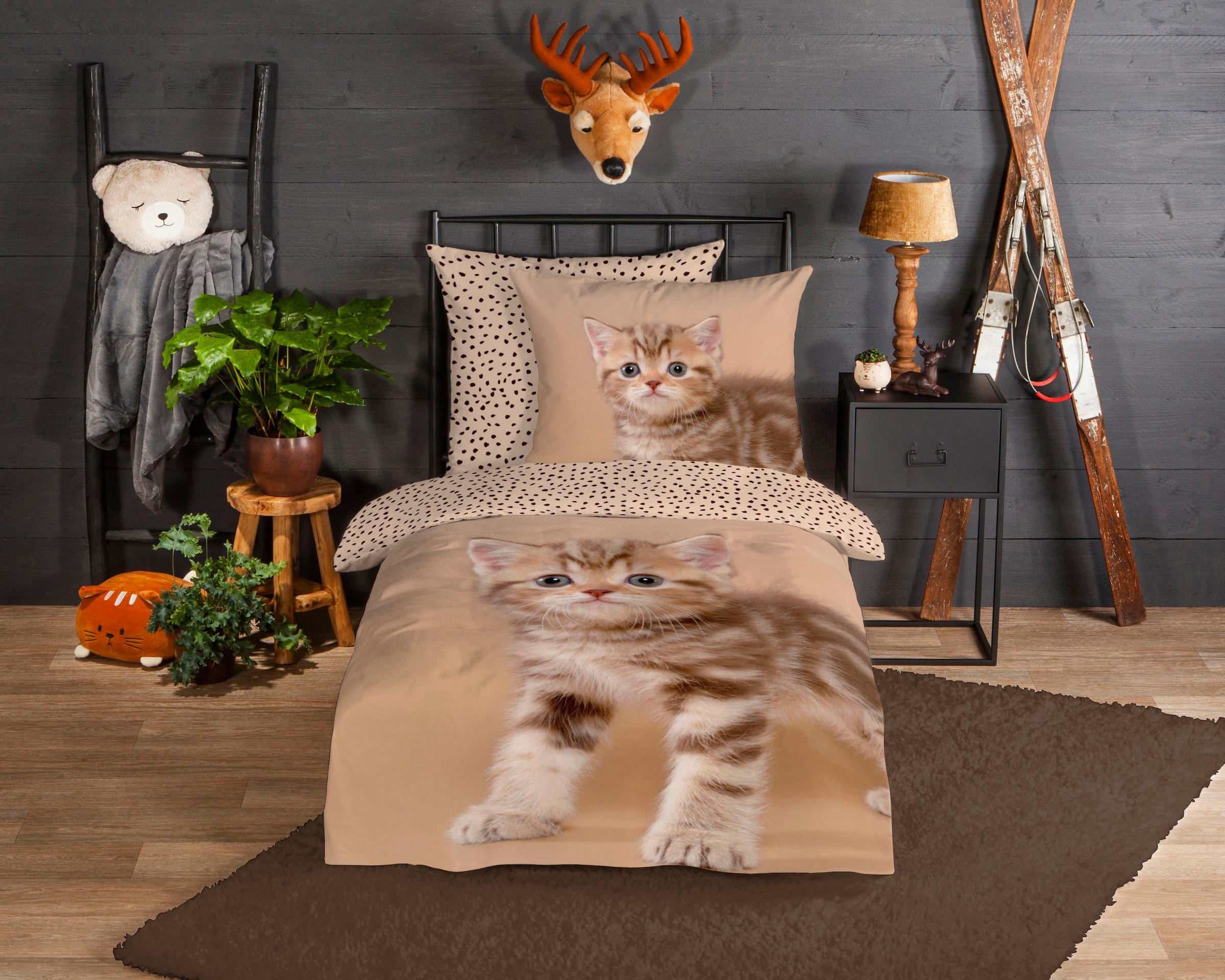 Kinderbettwäsche »Stripe kitty«, Biber, 135x200, Warm, Weich, Wendeoptik,...