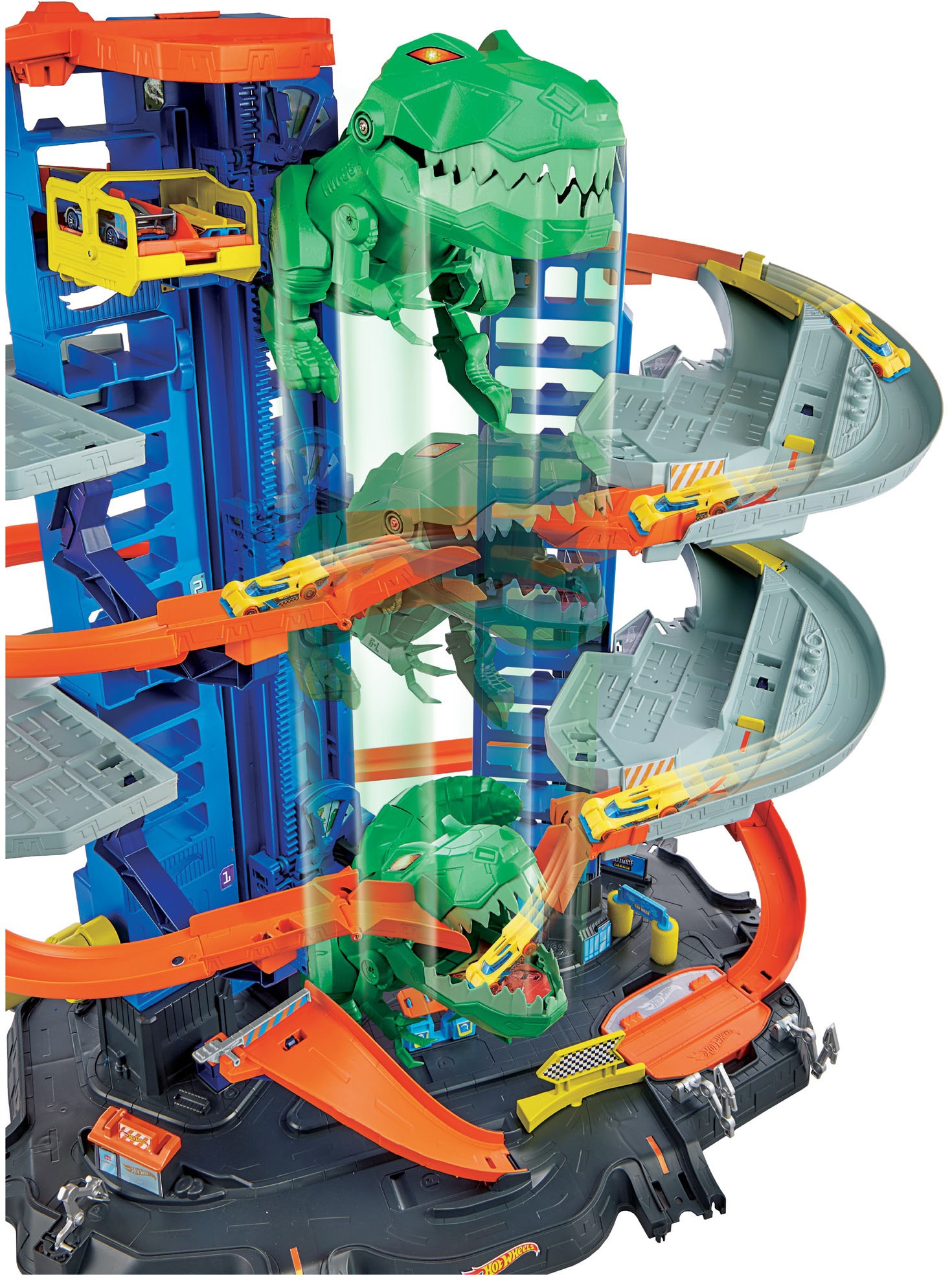 Hot Wheels Autorennbahn »Megacity Parkgarage mit T-Rex-Angriff«, inkl. 2 Spielautos