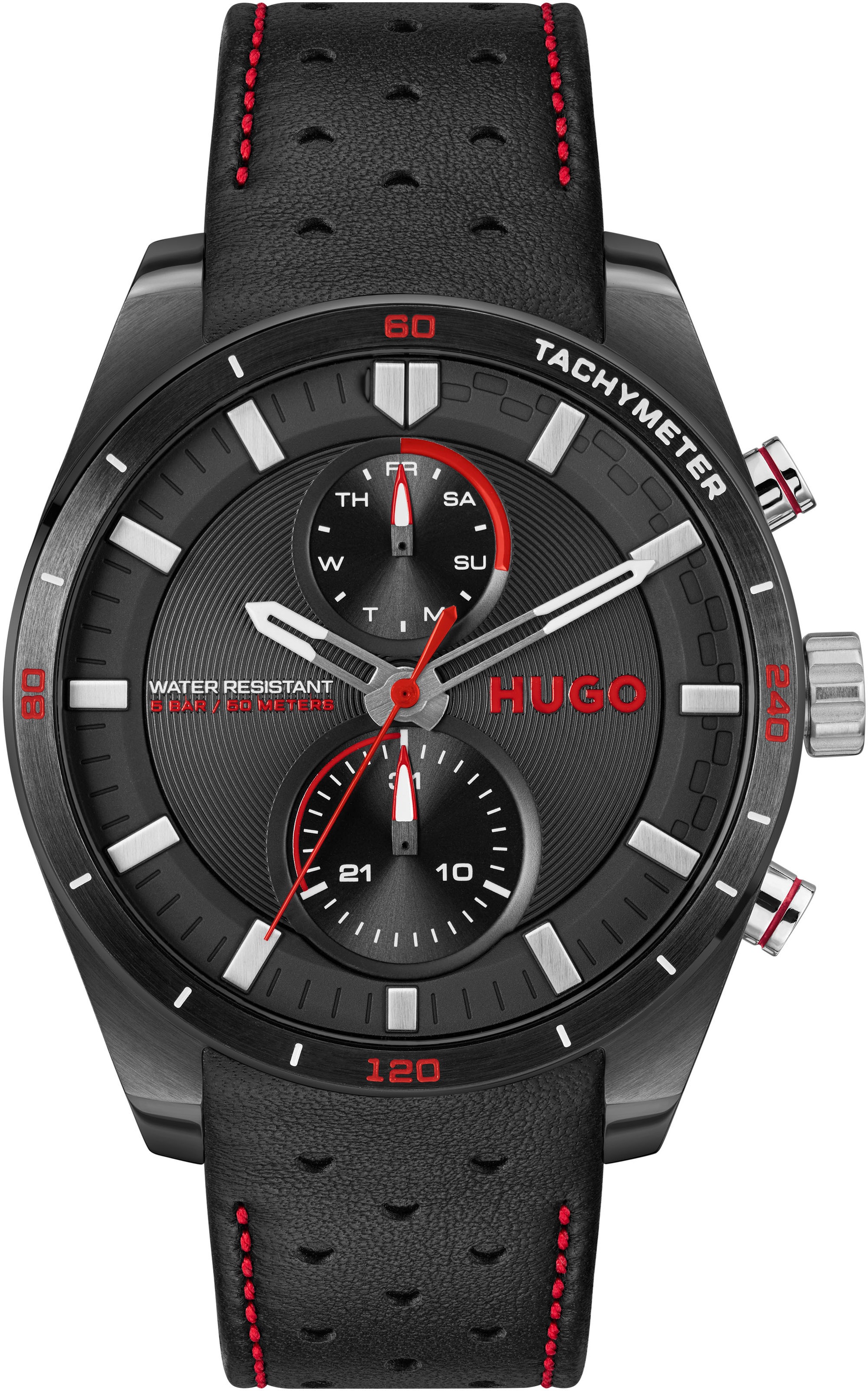 HUGO Multifunktionsuhr »#FAST«, Armbanduhr, Quarzuhr, Herrenuhr, Datum, Lederarmband