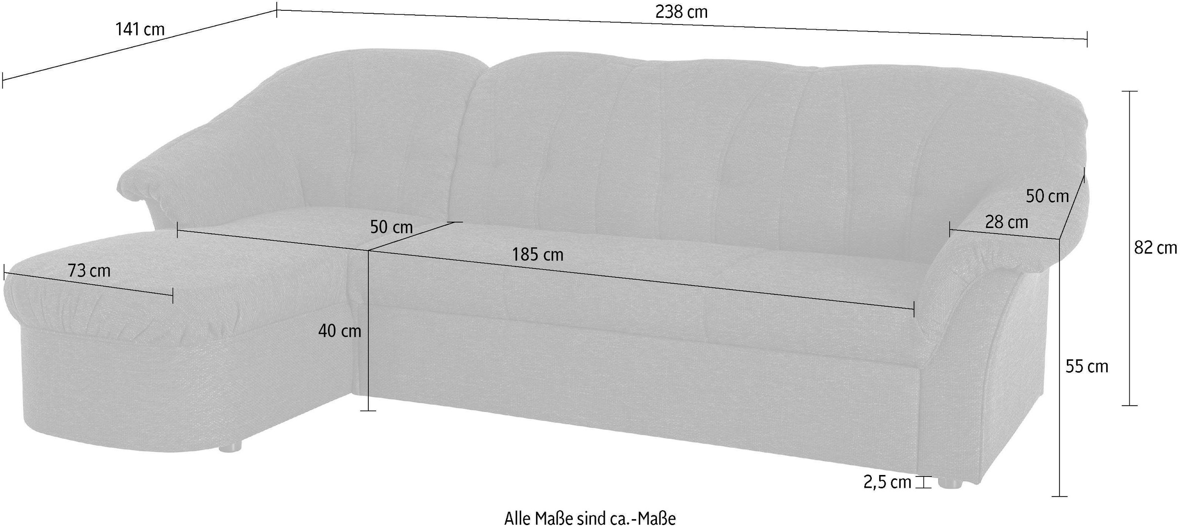 DOMO collection Ecksofa »Pegnitz, elegante Rückensteppung, kompakte Stellmaße 238/141cm, L-Form«, wahlweise mit Bettfunktion