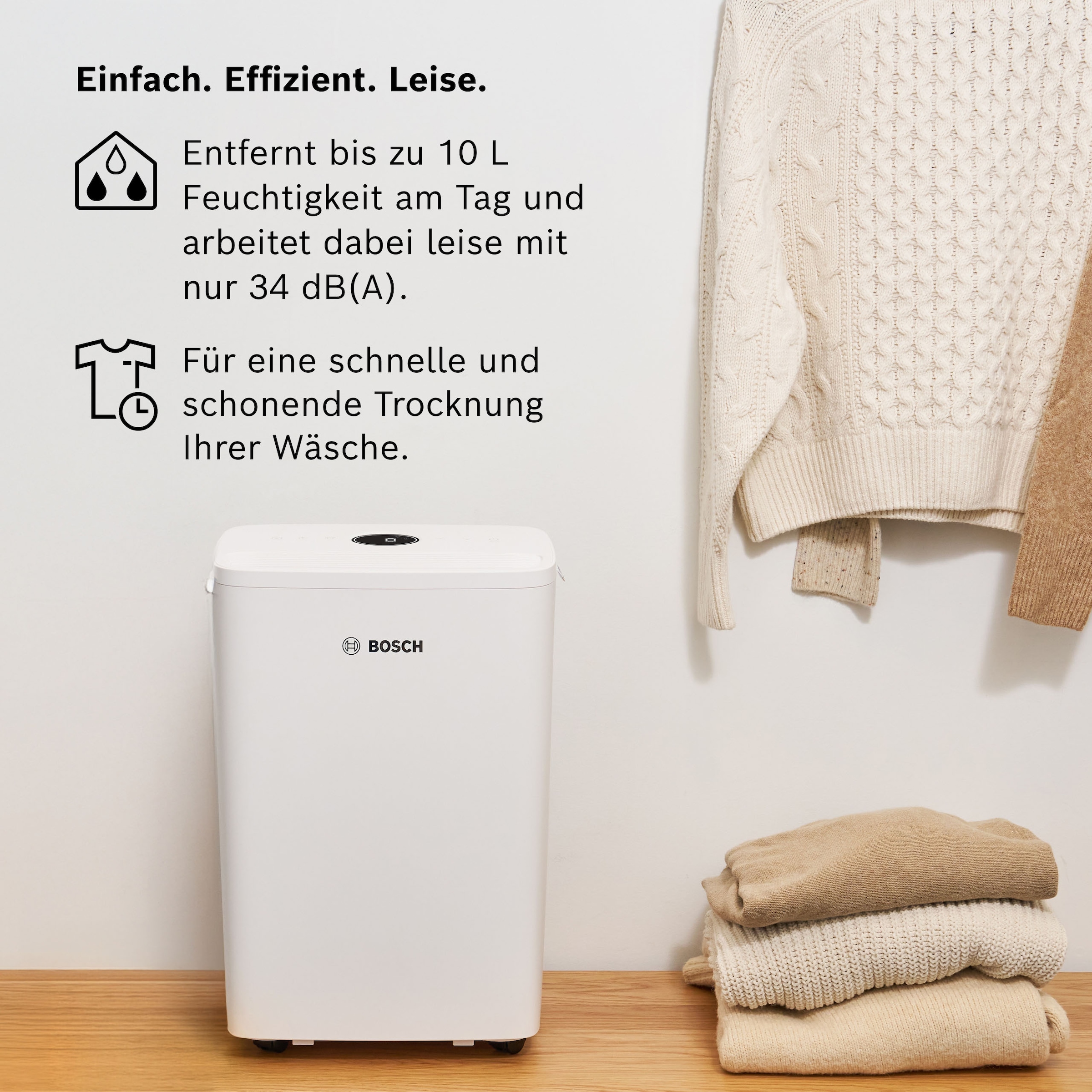 BOSCH Luftentfeuchter »Dry 1000 - Ideal für die Wohnung & schnelle Trocknung der Wäsche« Entfeuchtung 10 l/Tag Tank 2,5 l Ultra-leiser Betrieb; nur 34 dB(A)
