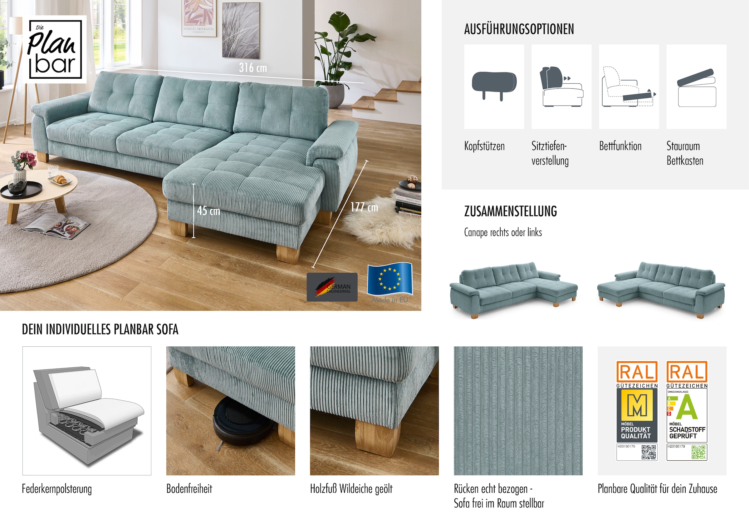 Die PlanBar Ecksofa »PP-LA19101 L-Form, Breite 316 cm« wahlweise mit Bettfunktion und verstellbaren Kopfstützen, in Cord