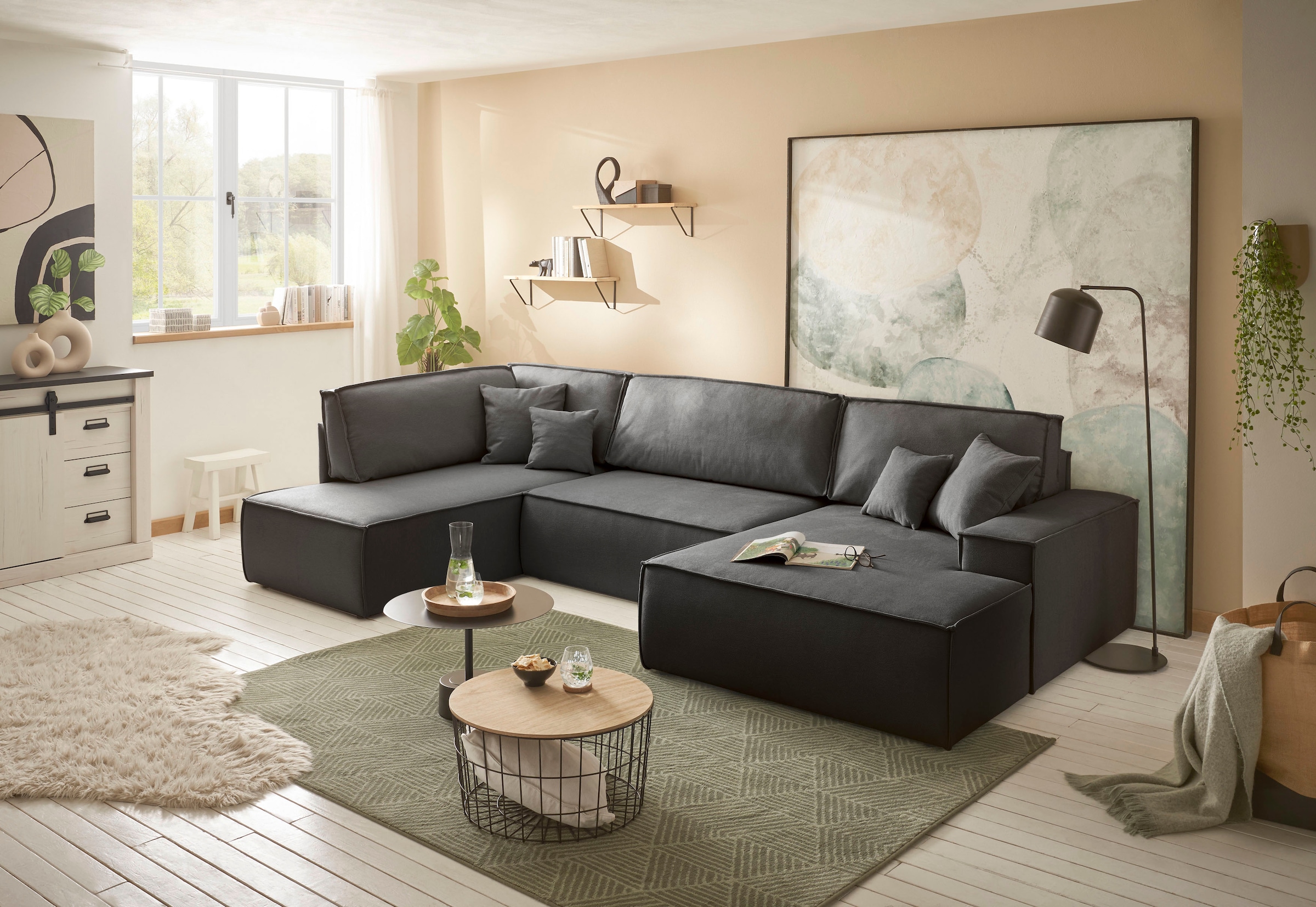 andas Wohnlandschaft »FINNLEY U-Form XXL 329 cm, Schlafsofa, Schlaffunktion m. Bettkasten«, (194/139 cm), Bouclé, Struktur und Cord