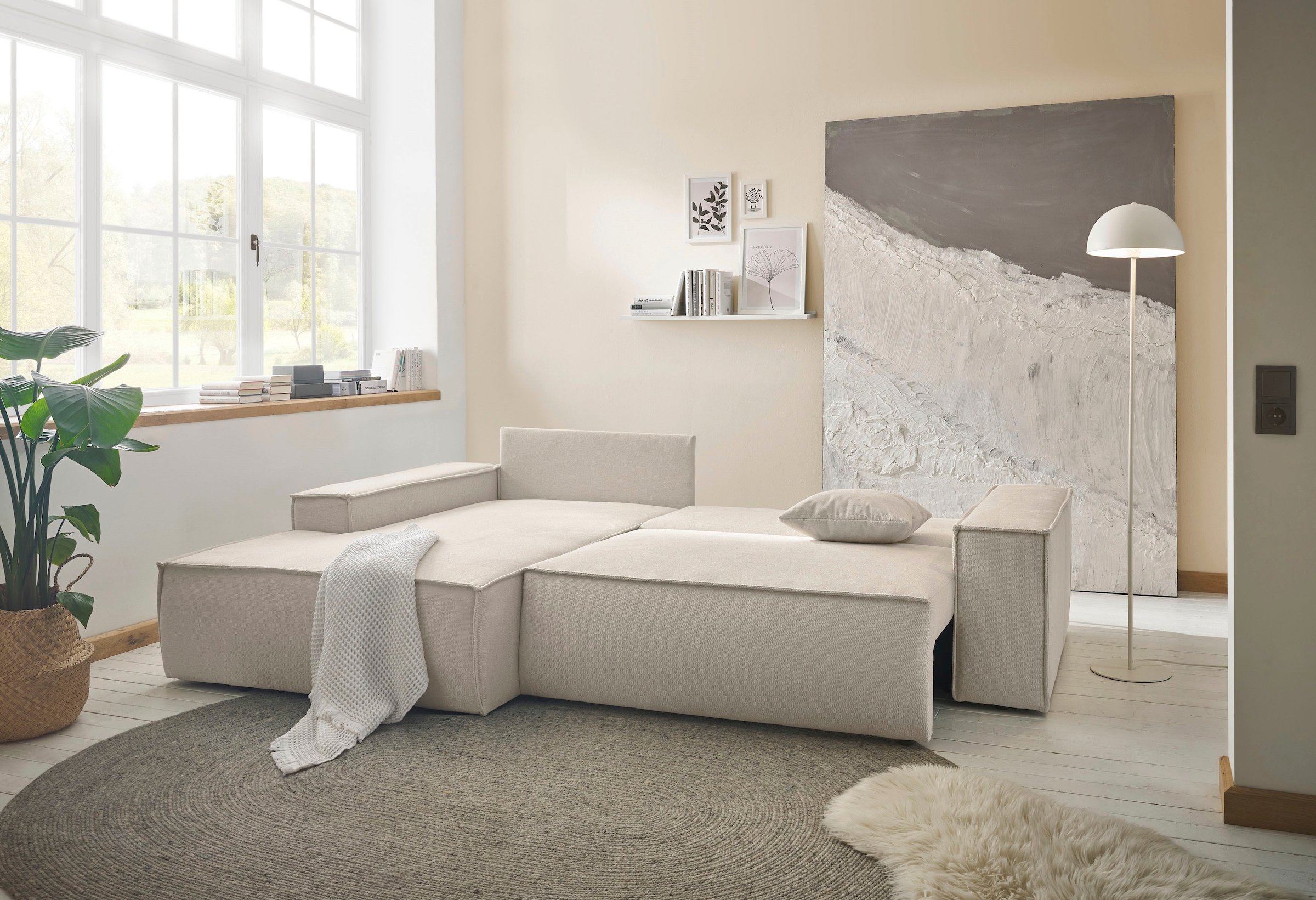 andas Ecksofa »Finnley Schlafsofa 267 cm in Bouclé, Struktur fein u. Cord, L-Form,«, Schlaffunktion m. Bettkasten (136/210 cm), Bouclé, Struktur und Cord