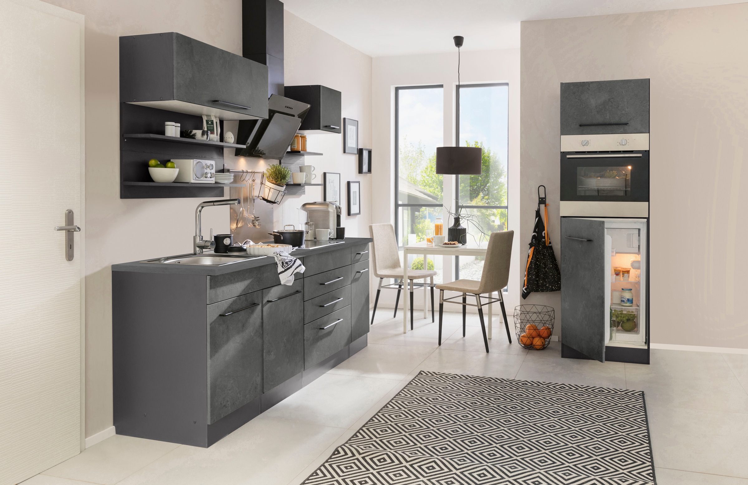 KOCHSTATION Küchenzeile »KS-Tulsa«, mit E-Geräten, Breite 290 cm, schwarze Metallgriffe, MDF Fronten